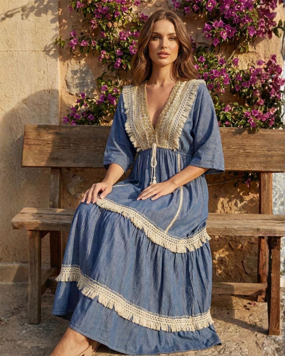 Marbella Blue Boho Maxi Dress - Lace and Tassels
