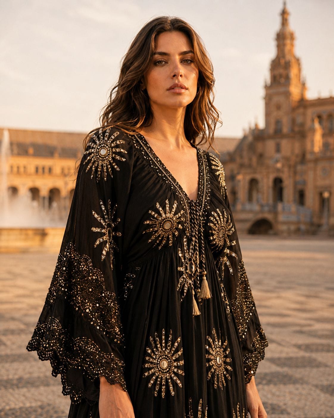 White Boho Long Dress with Gold Embroidery – Ivory Light