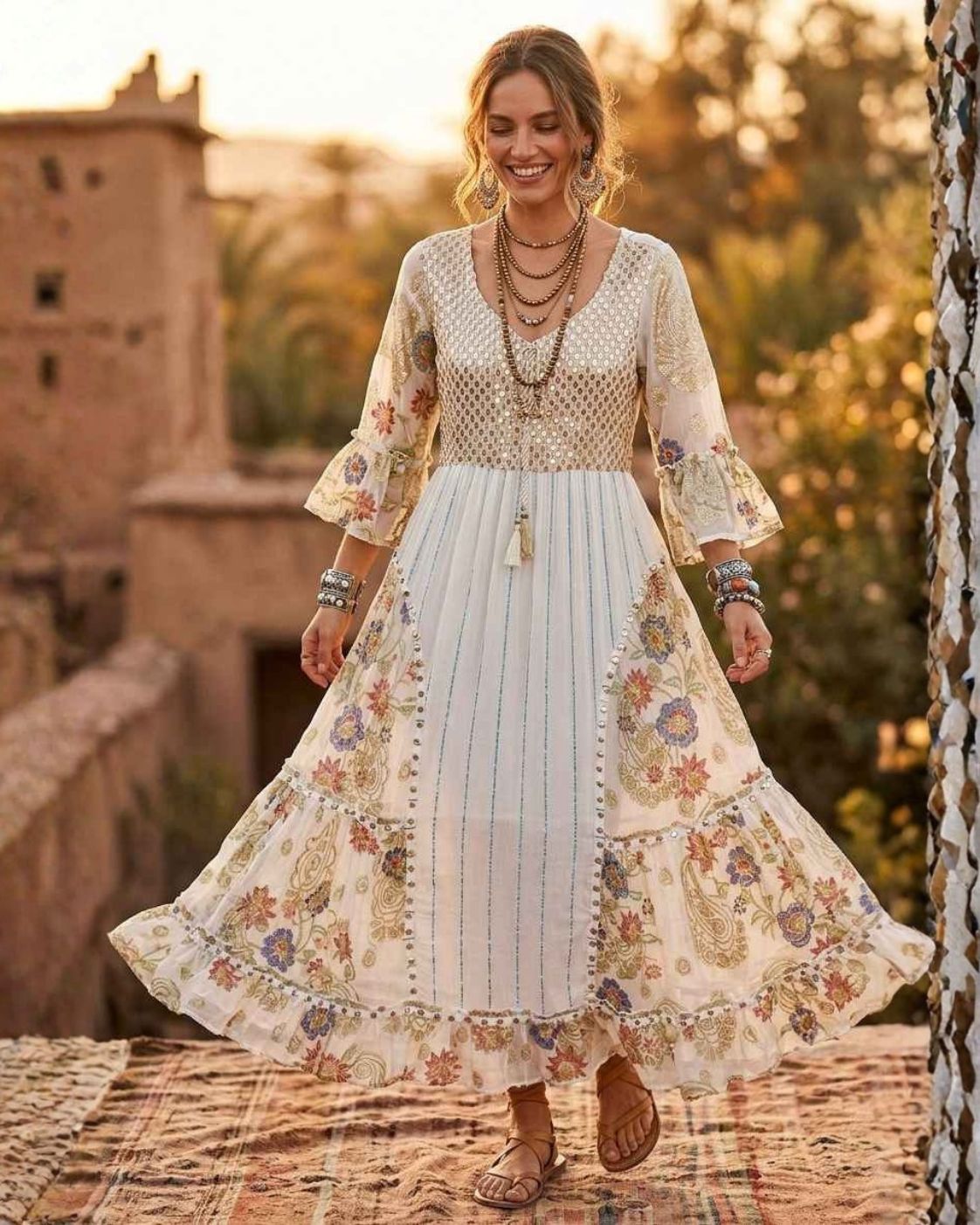Aurora Midi – Boho Dress with Floral Embroidery | Elegant Midi Length