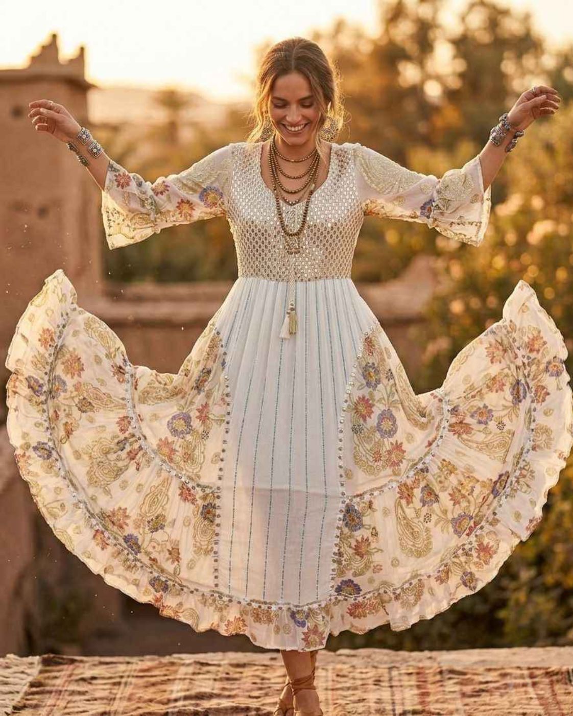 Aurora Midi – Boho Dress with Floral Embroidery | Elegant Midi Length
