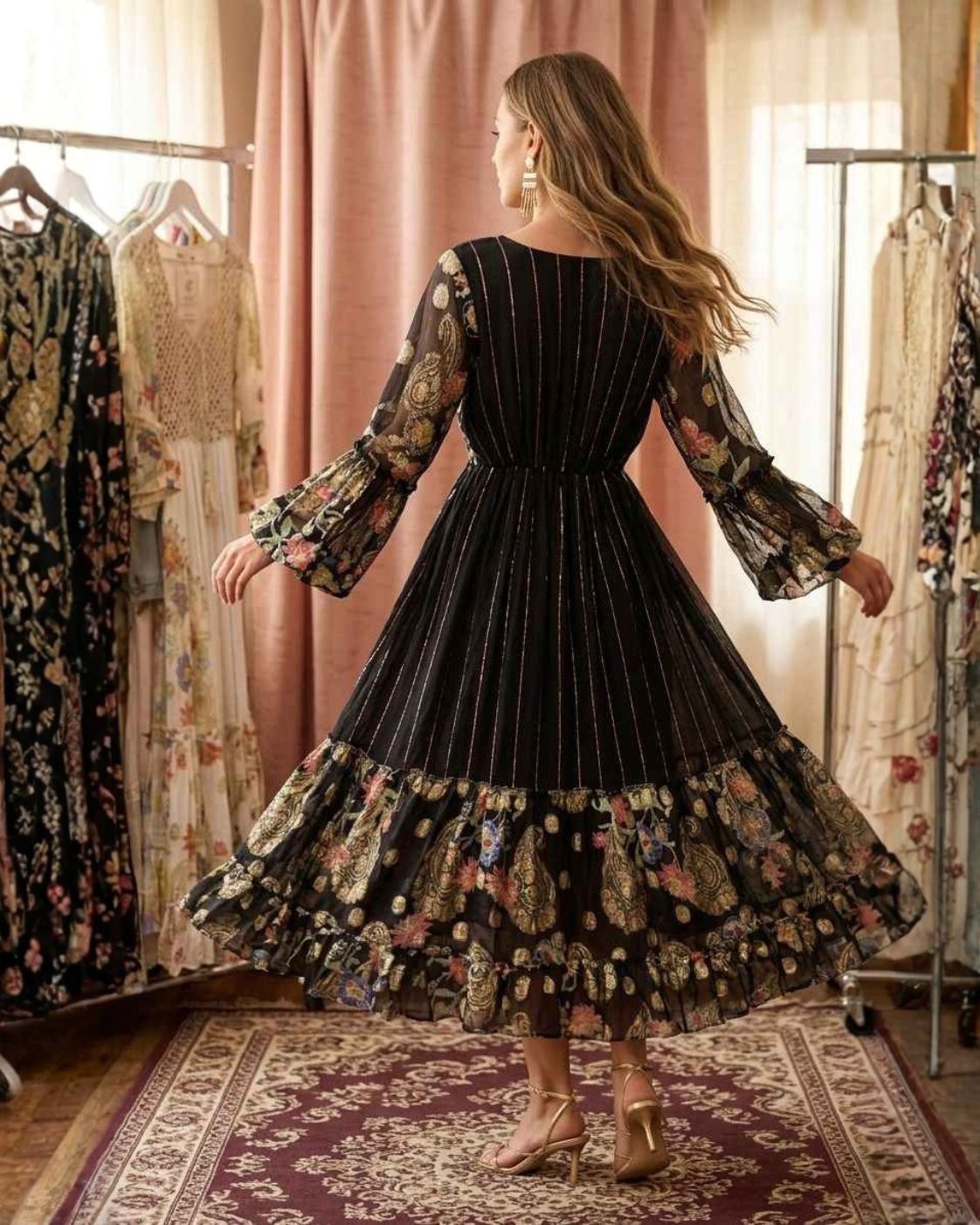 Aurora Midi – Boho Dress with Floral Embroidery | Elegant Midi Length