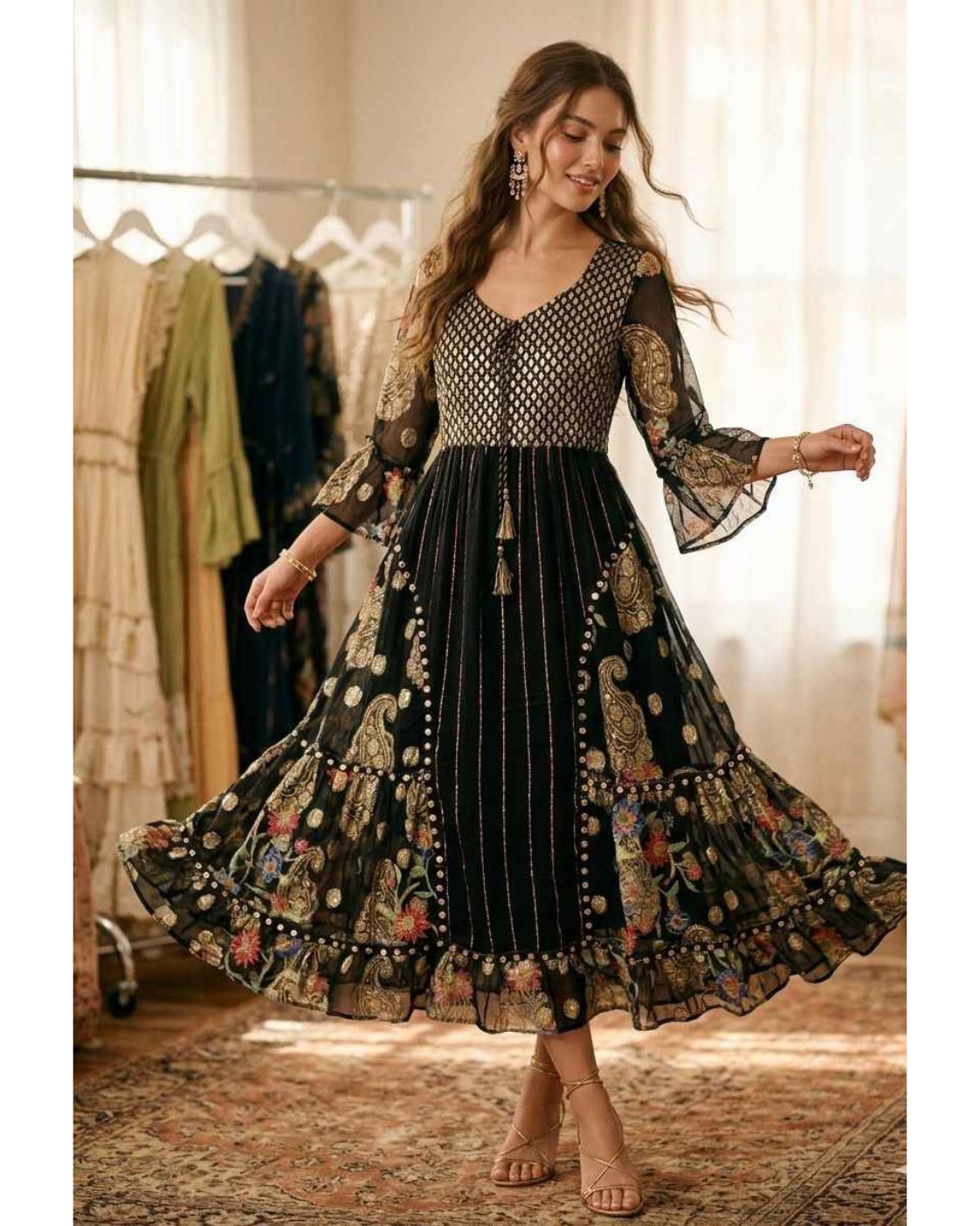 Aurora Midi – Vestido Boho con Bordados Florales | Largo Midi Elegante