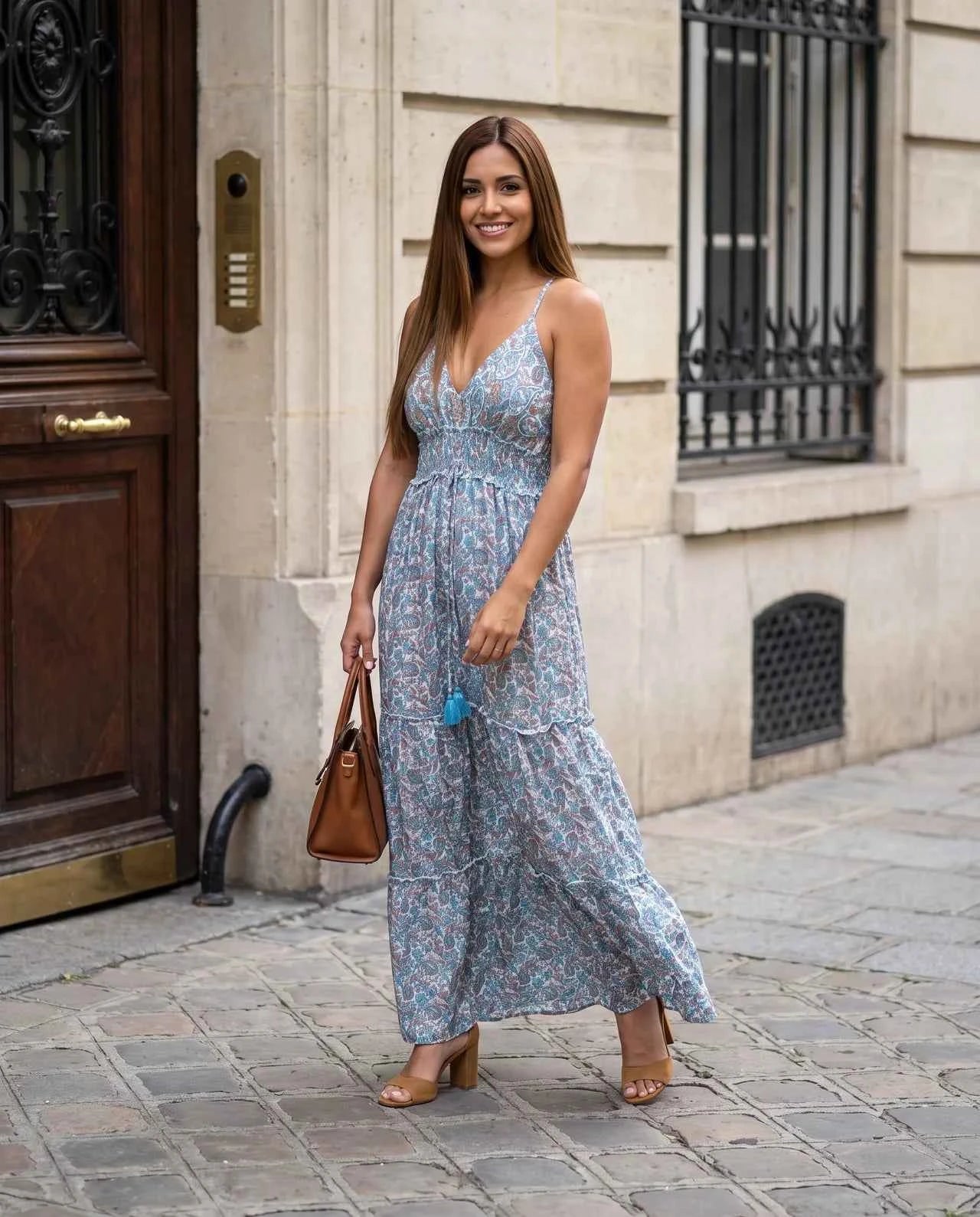 Ayla Dress – Elegant Long Strappy Viscose Dress with Hand-Applied Delicate Stone Detailing