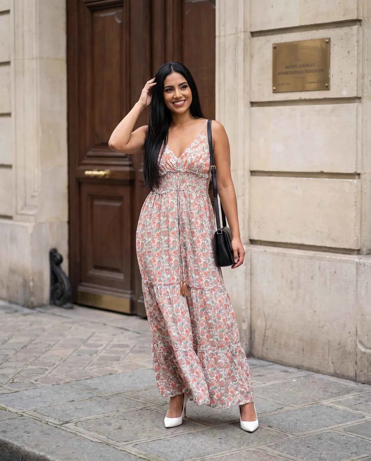 Ayla Dress – Elegant Long Strappy Viscose Dress with Hand-Applied Delicate Stone Detailing
