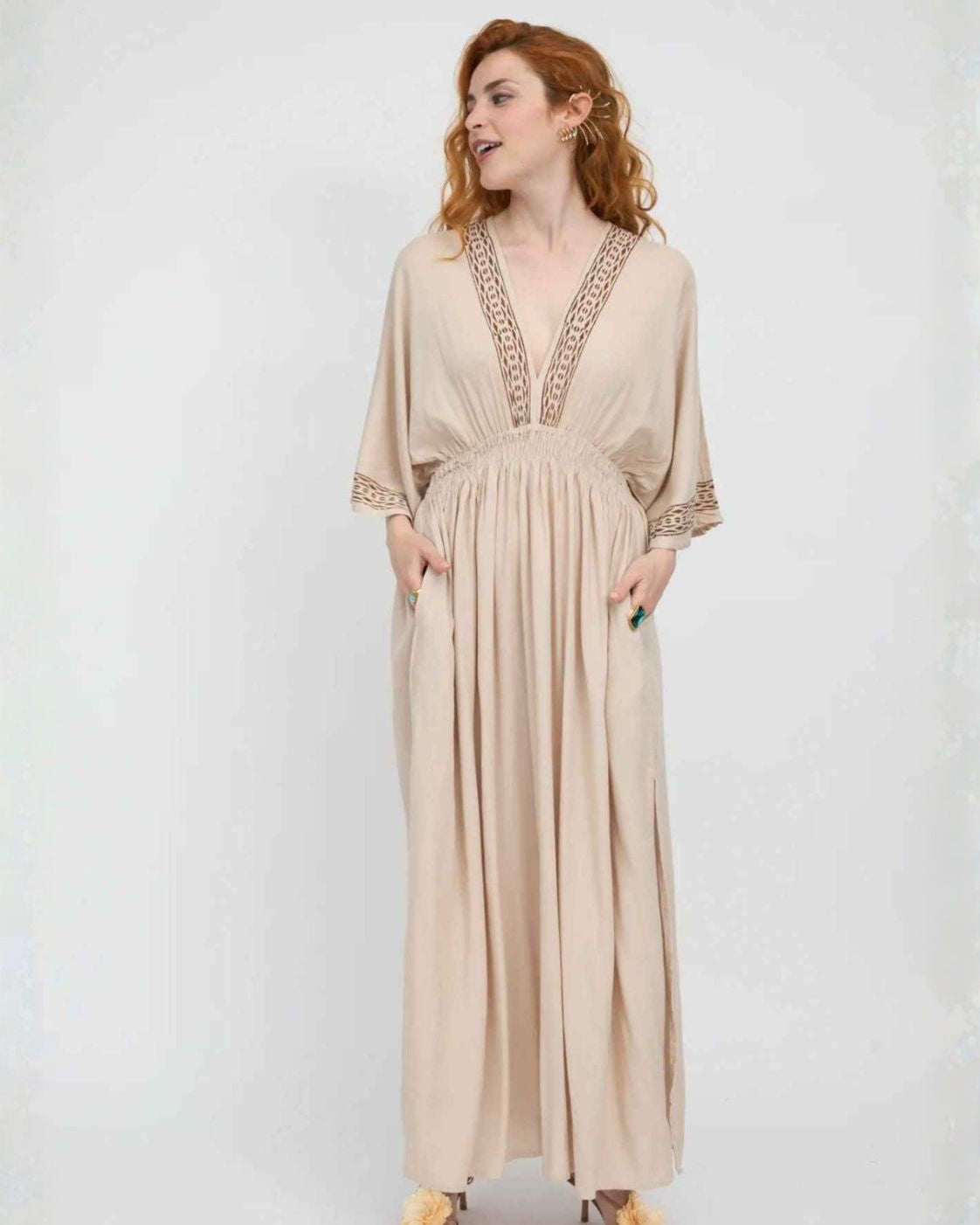 Noor Maxi – Vestido Largo Boho Beige con Encaje | Viscosa Suave