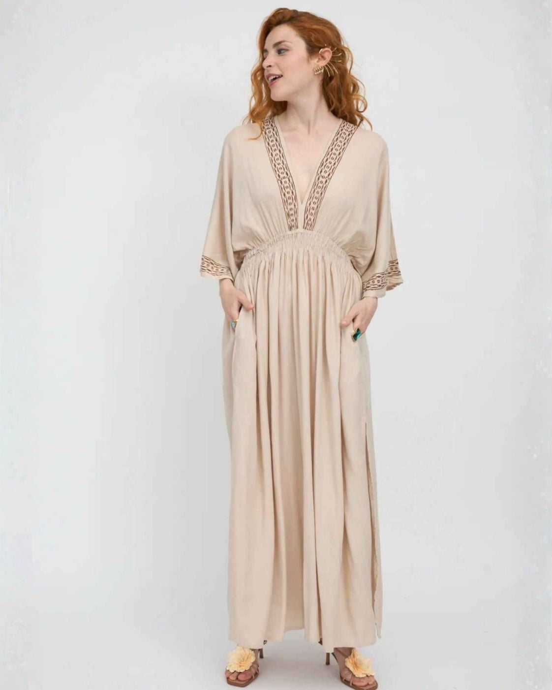 Noor Maxi – Vestido Largo Boho Beige con Encaje | Viscosa Suave