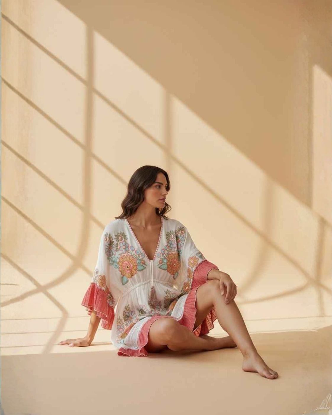 Flora Boho – Short Dress with Floral Embroidery | Green and Pink