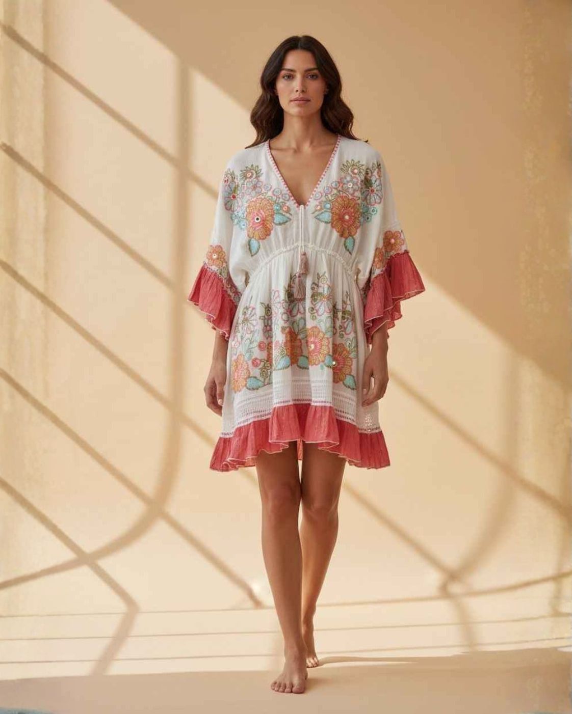 Flora Boho – Short Dress with Floral Embroidery | Green and Pink
