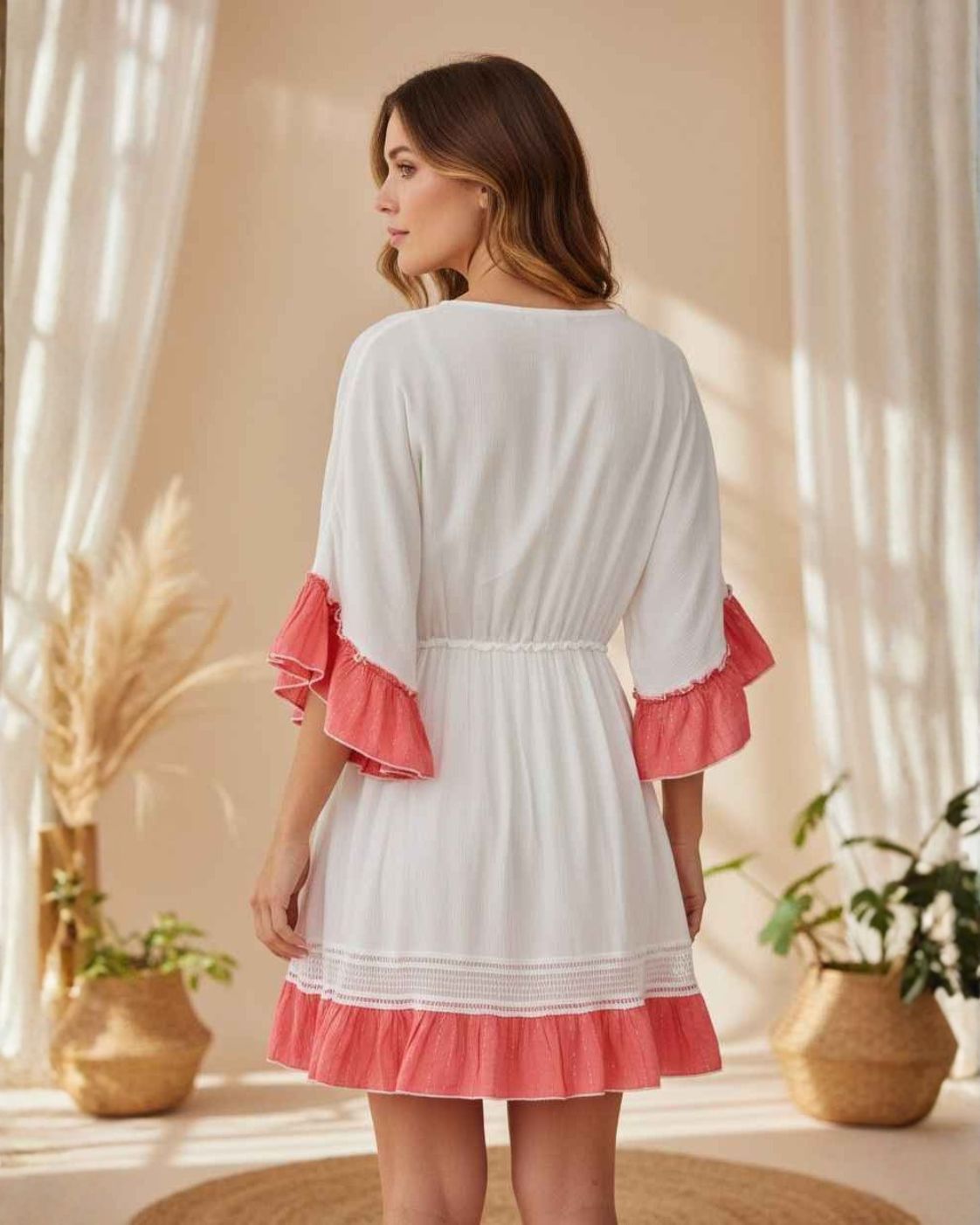 Flora Boho – Short Dress with Floral Embroidery | Green and Pink