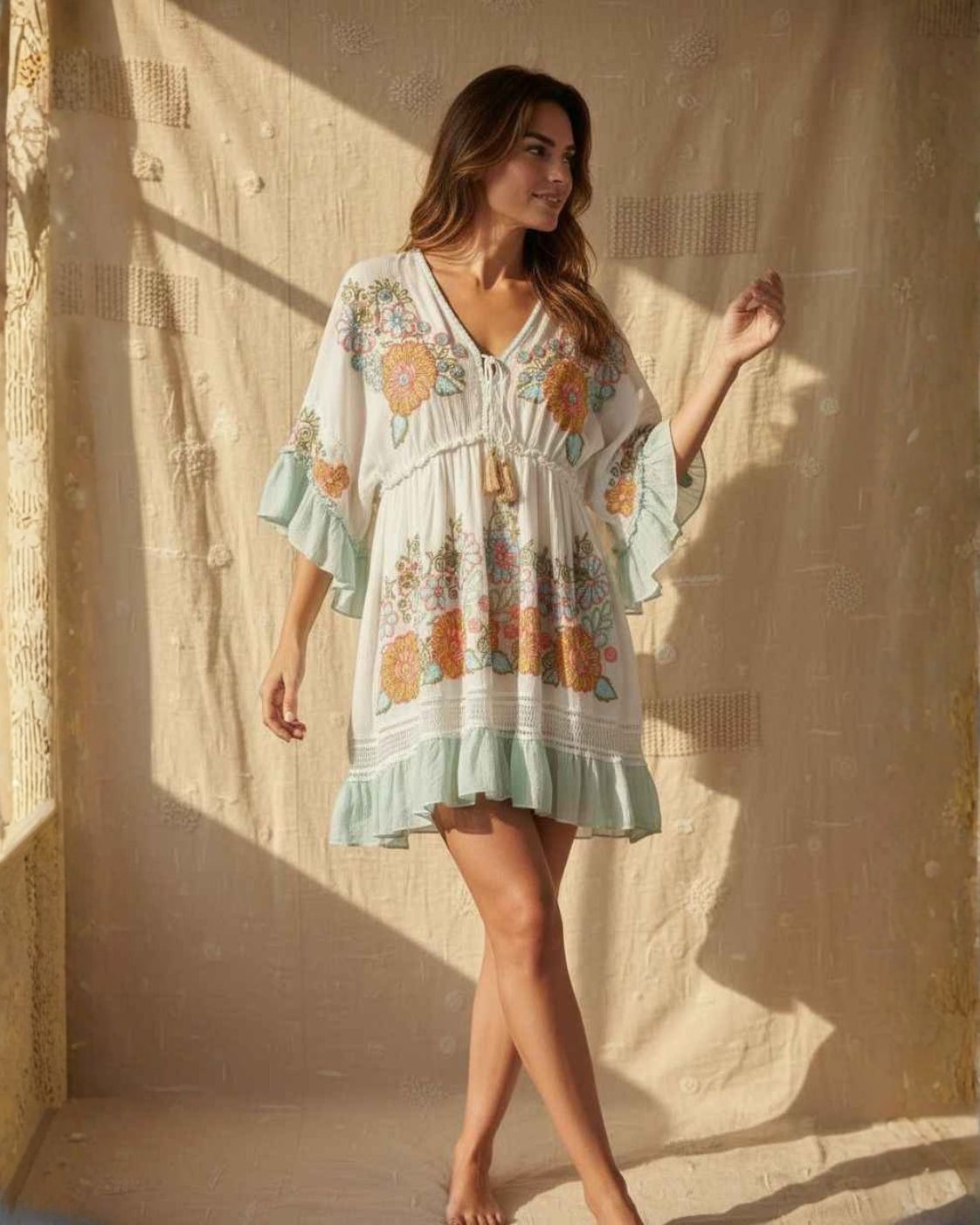 Flora Boho – Short Dress with Floral Embroidery | Green and Pink