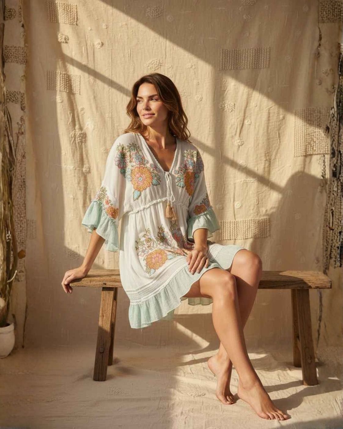 Flora Boho – Short Dress with Floral Embroidery | Green and Pink