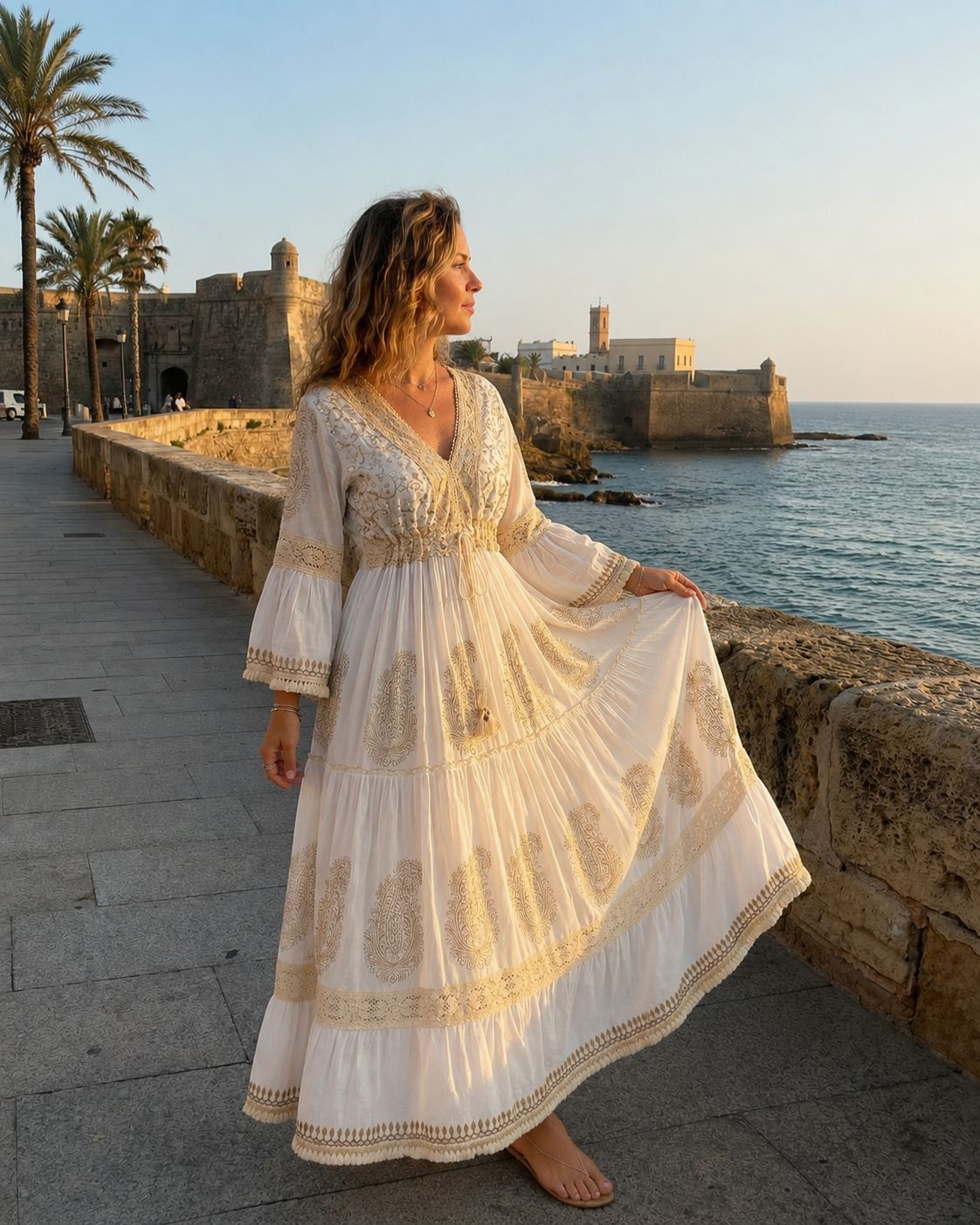 Celeste Ivory – Embroidered Boho Maxi Dress | White and Gold