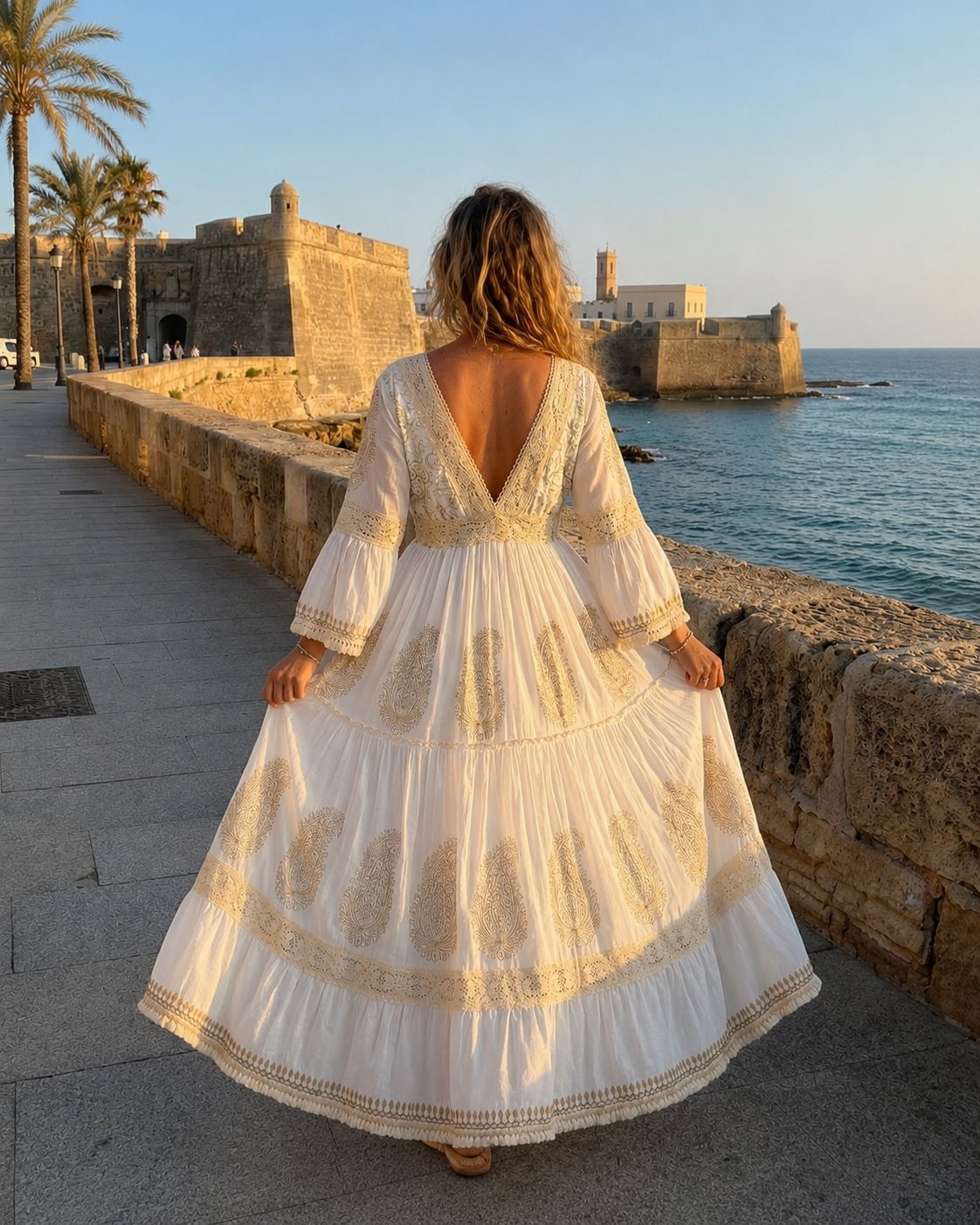 Celeste Ivory – Embroidered Boho Maxi Dress | White and Gold
