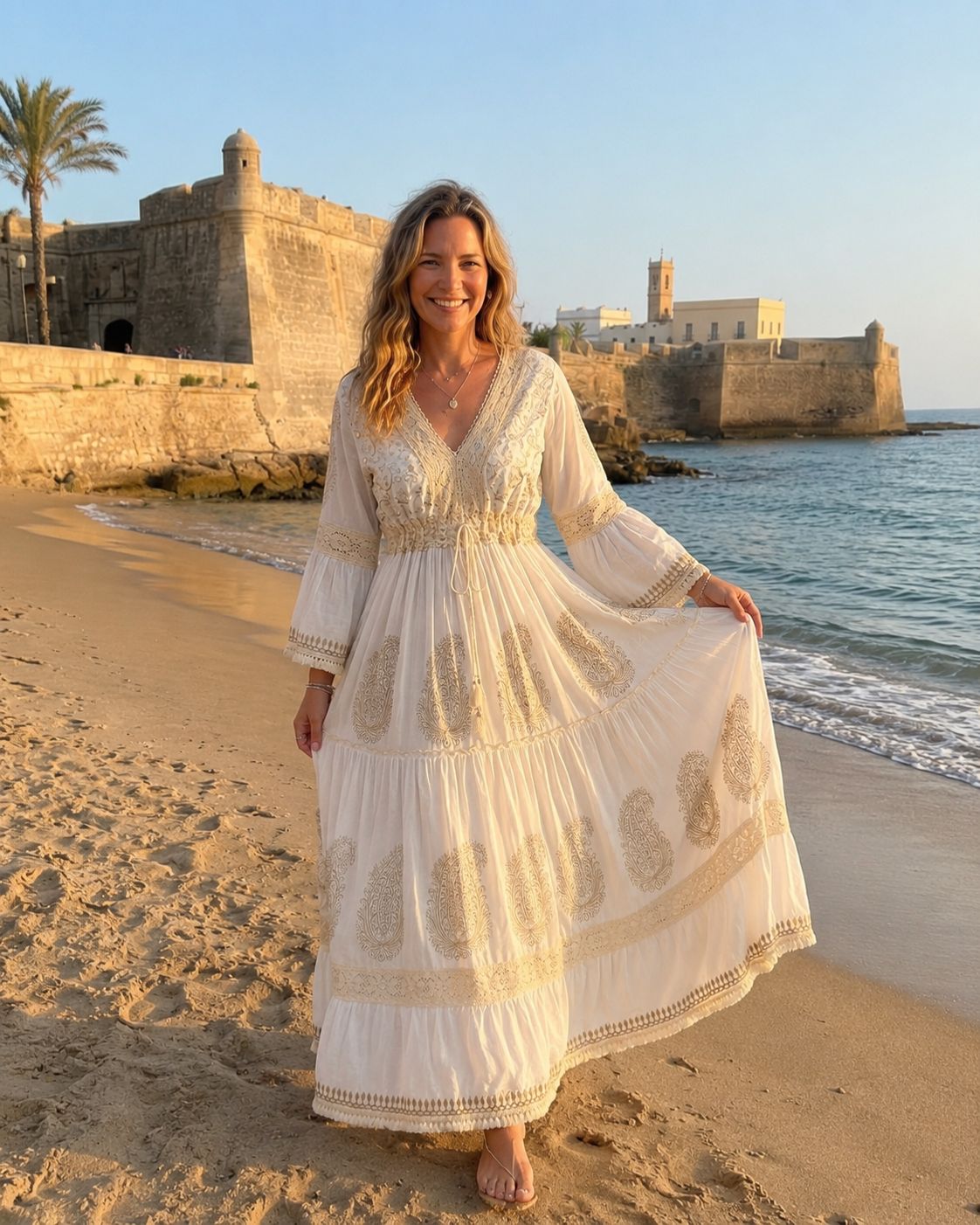Celeste Ivory – Embroidered Boho Maxi Dress | White and Gold
