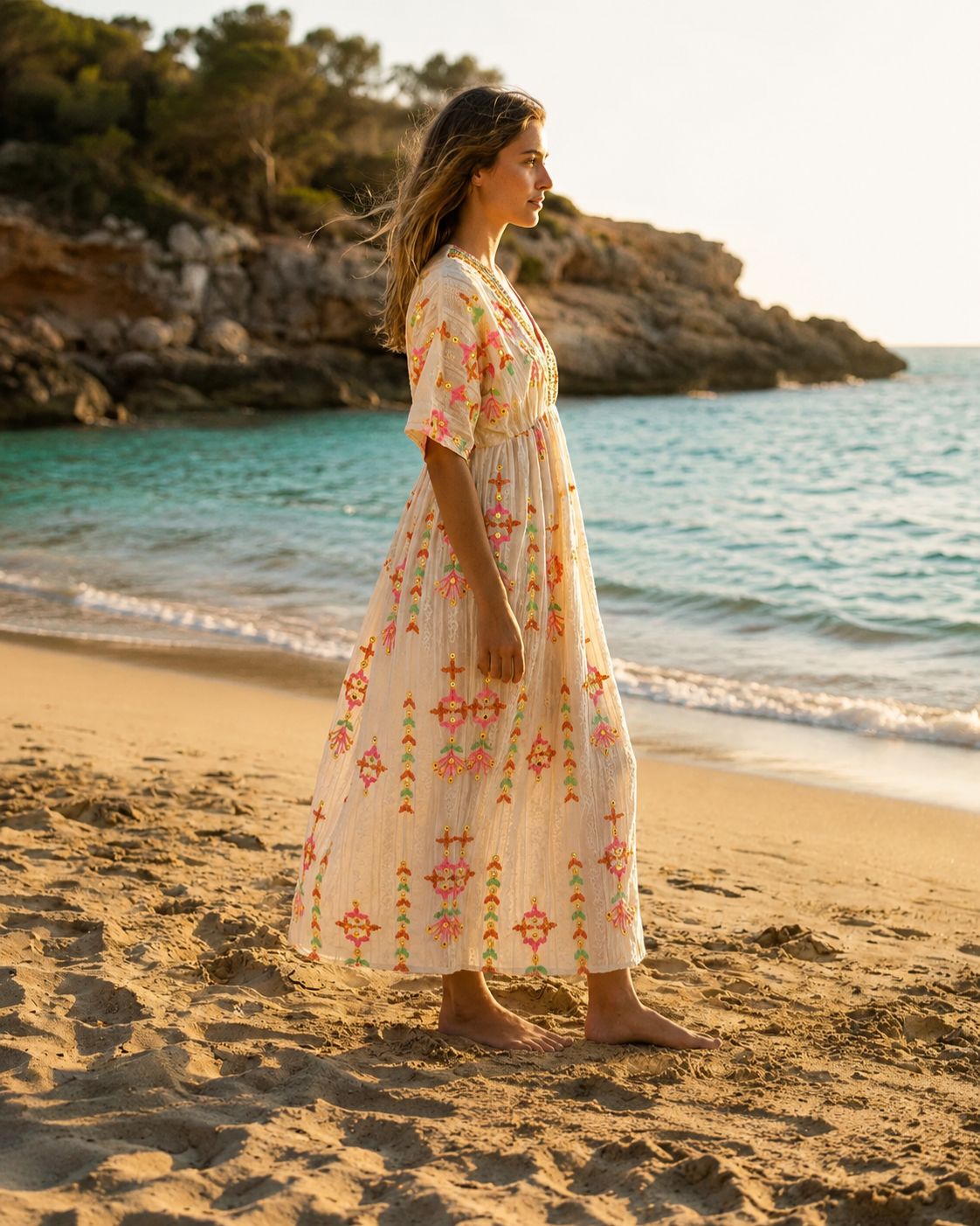 Ibiza Arena – Cream Boho Long Dress with Colorful Embroidery | Ibiza Style
