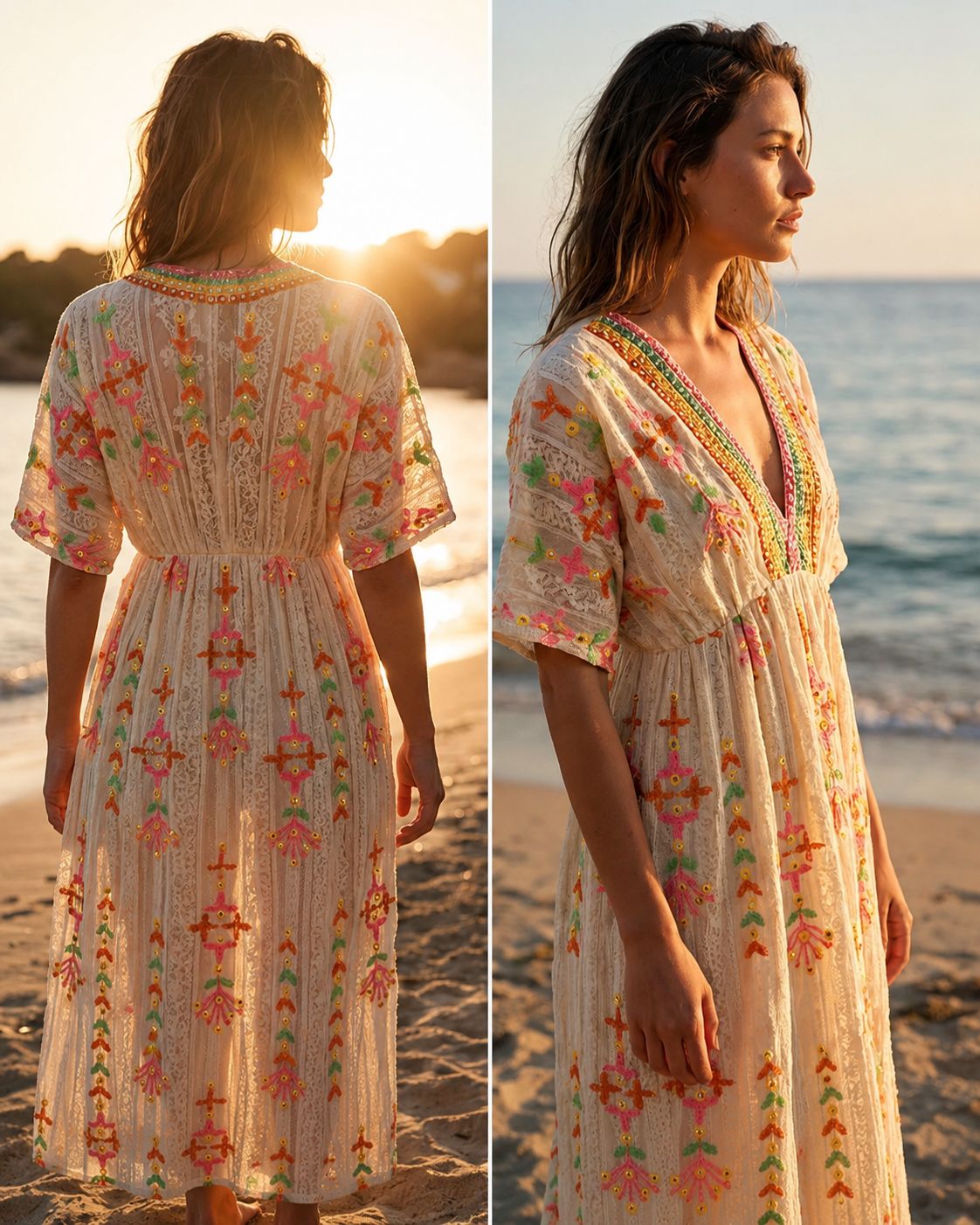 Ibiza Arena – Cream Boho Long Dress with Colorful Embroidery | Ibiza Style