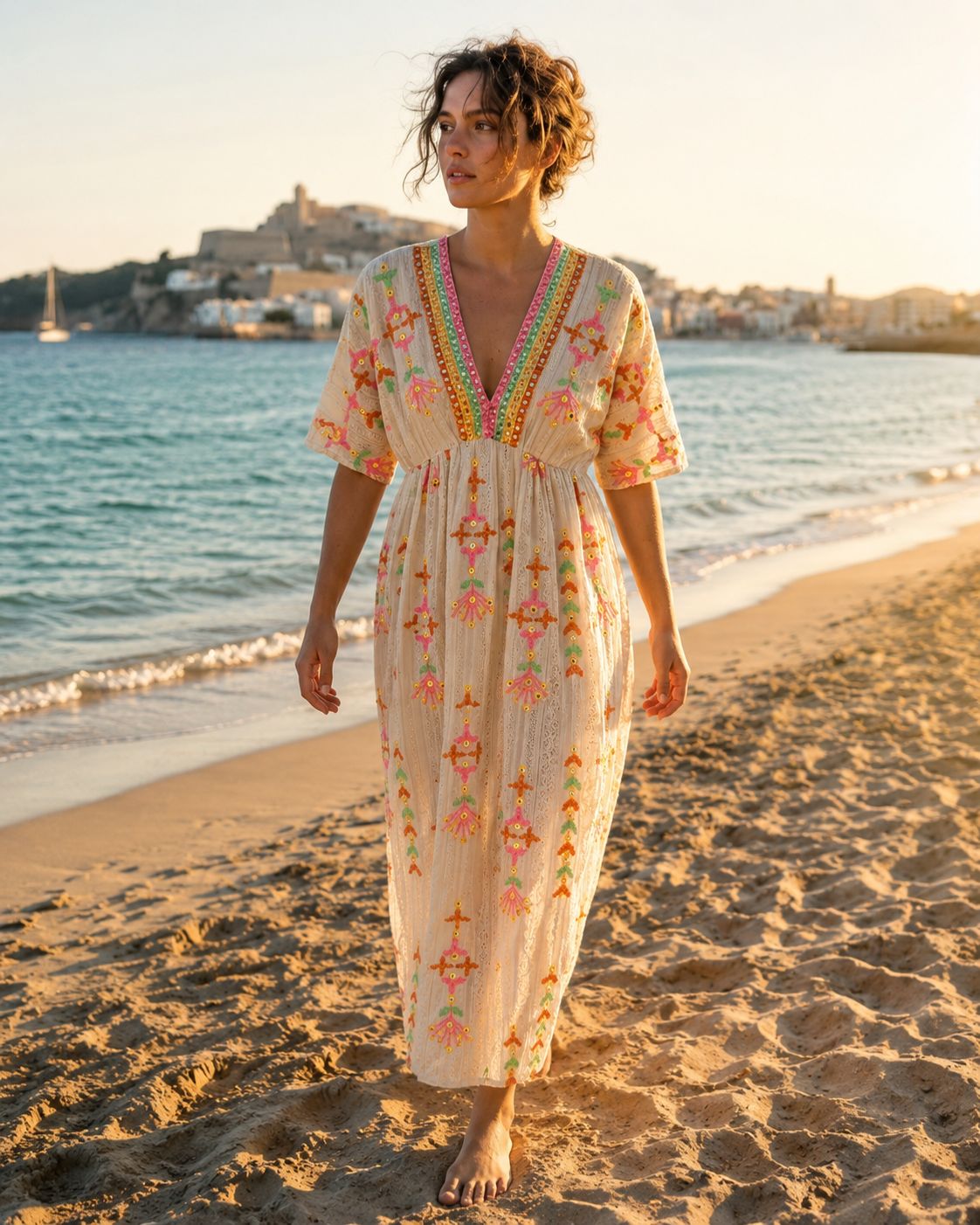 Ibiza Arena – Cream Boho Long Dress with Colorful Embroidery | Ibiza Style