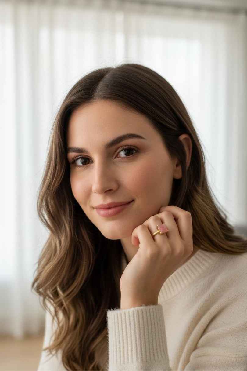 Anillo dorado con piedra rosa cuadrada