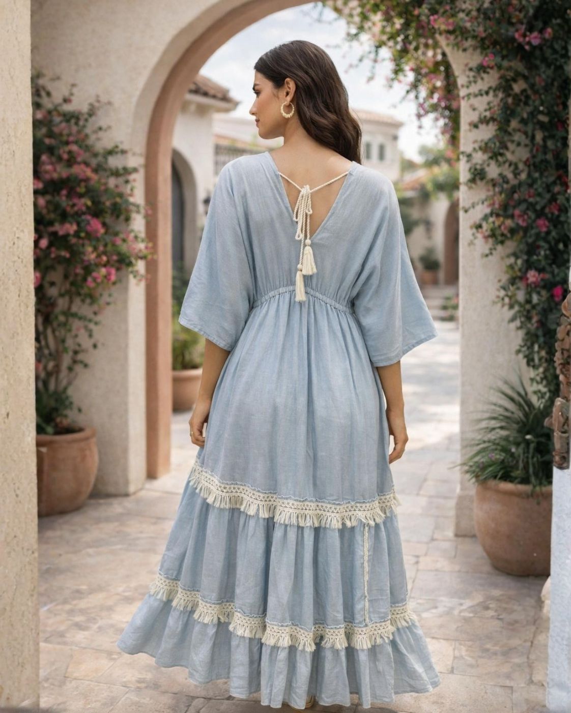 Marbella Azul – Blue Boho Maxi Dress | Mediterranean Lace & Tassels