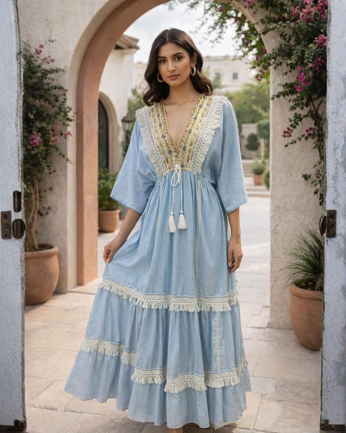 Marbella Azul – Blue Boho Maxi Dress | Mediterranean Lace & Tassels