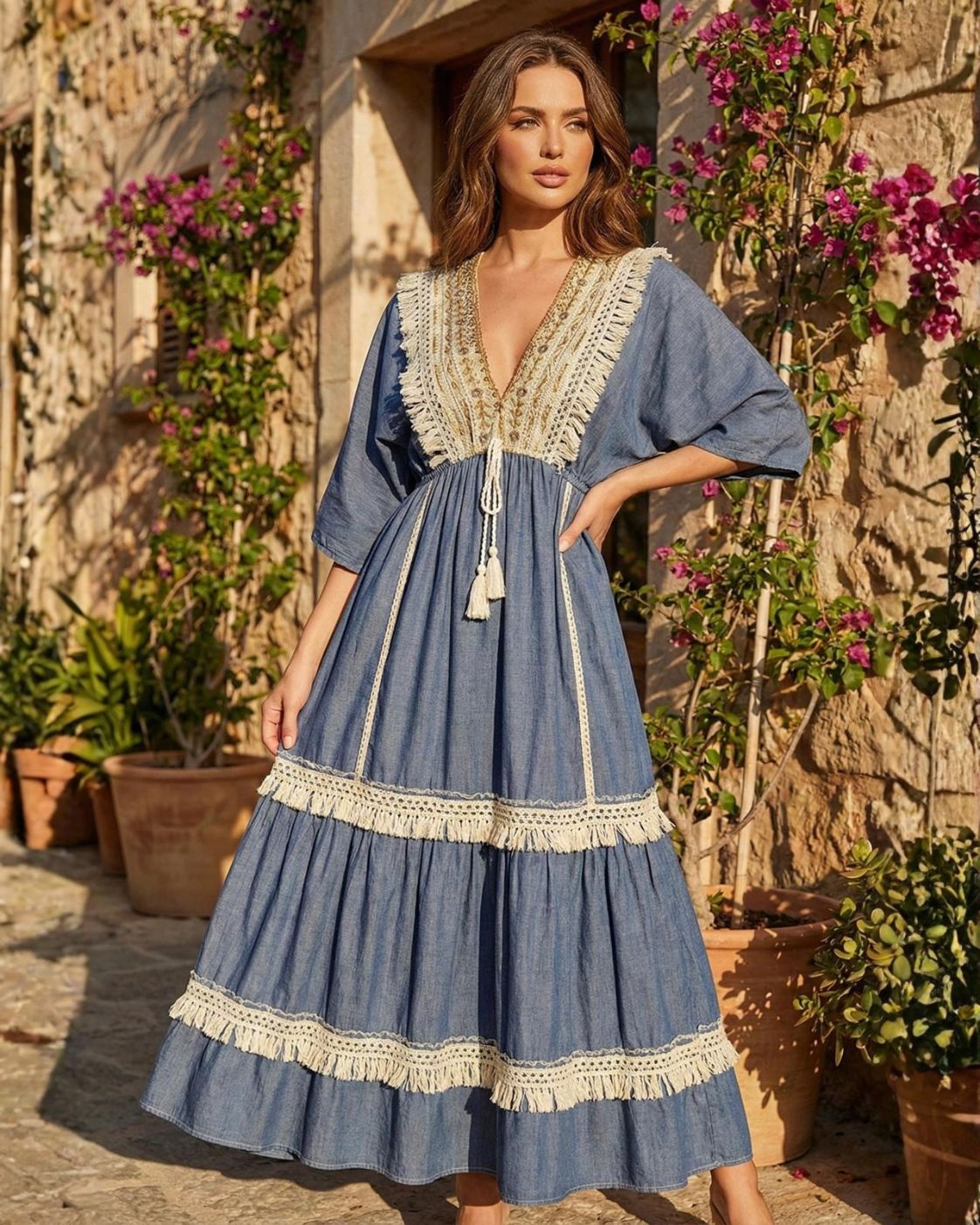 Marbella Azul – Blue Boho Maxi Dress | Mediterranean Lace & Tassels