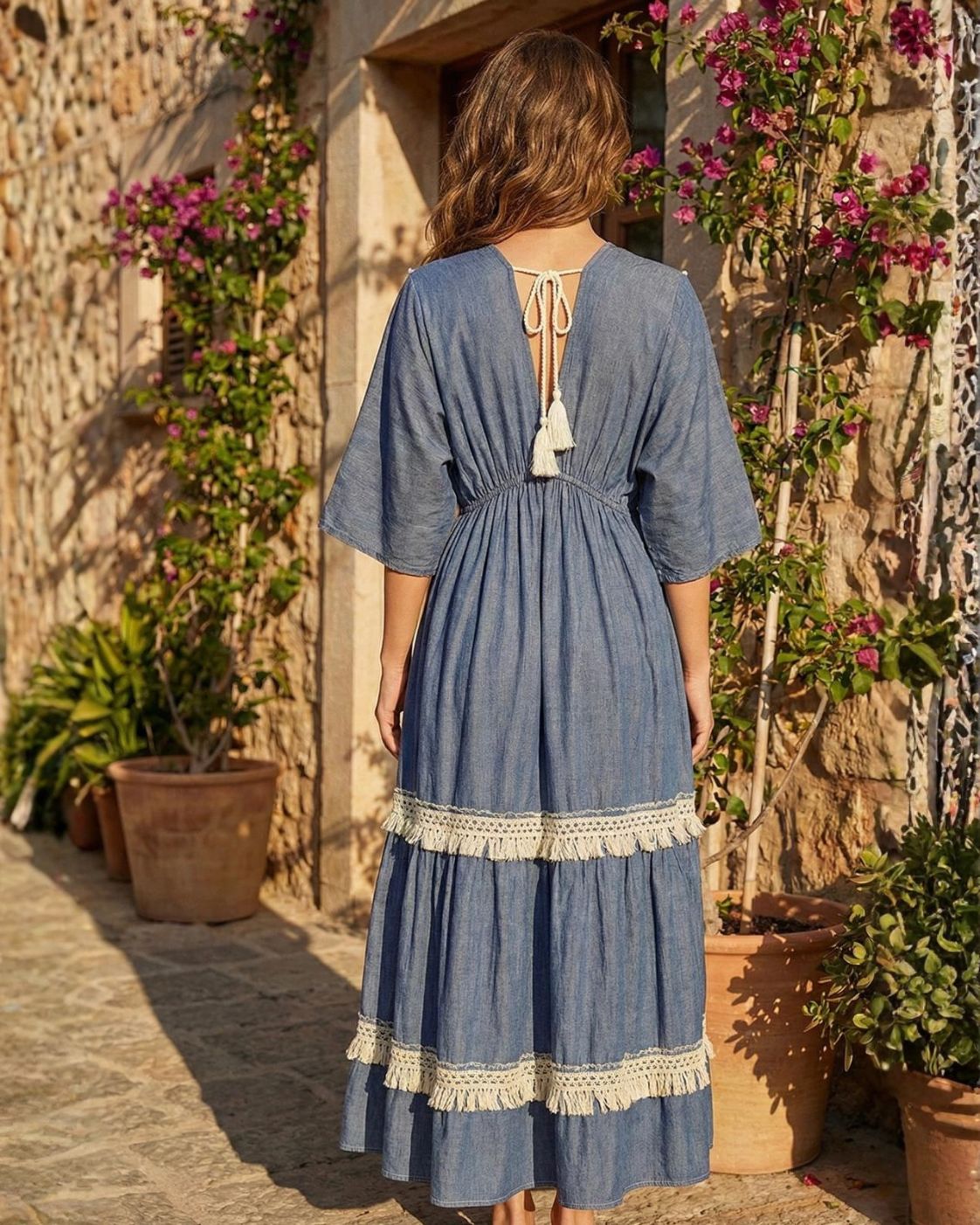 Marbella Blue Boho Maxi Dress - Lace and Tassels