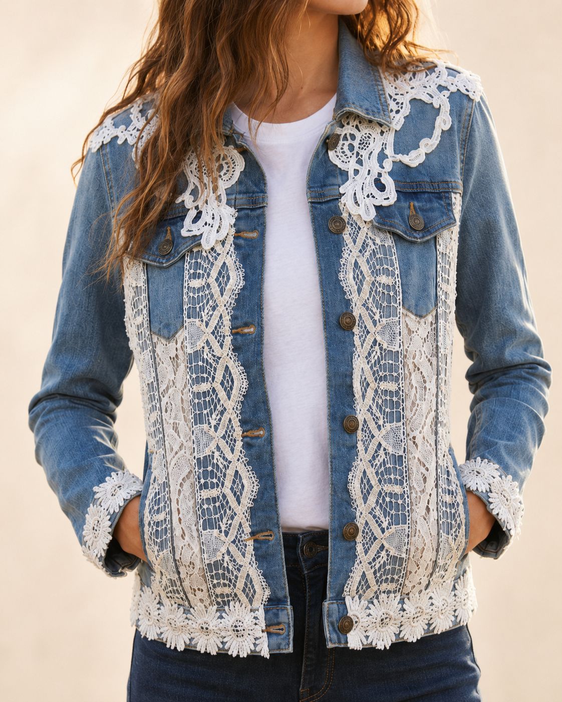 Luna Lace - Bohemian Denim Jacket with Lace | Spirit Blue | Artisan Denim