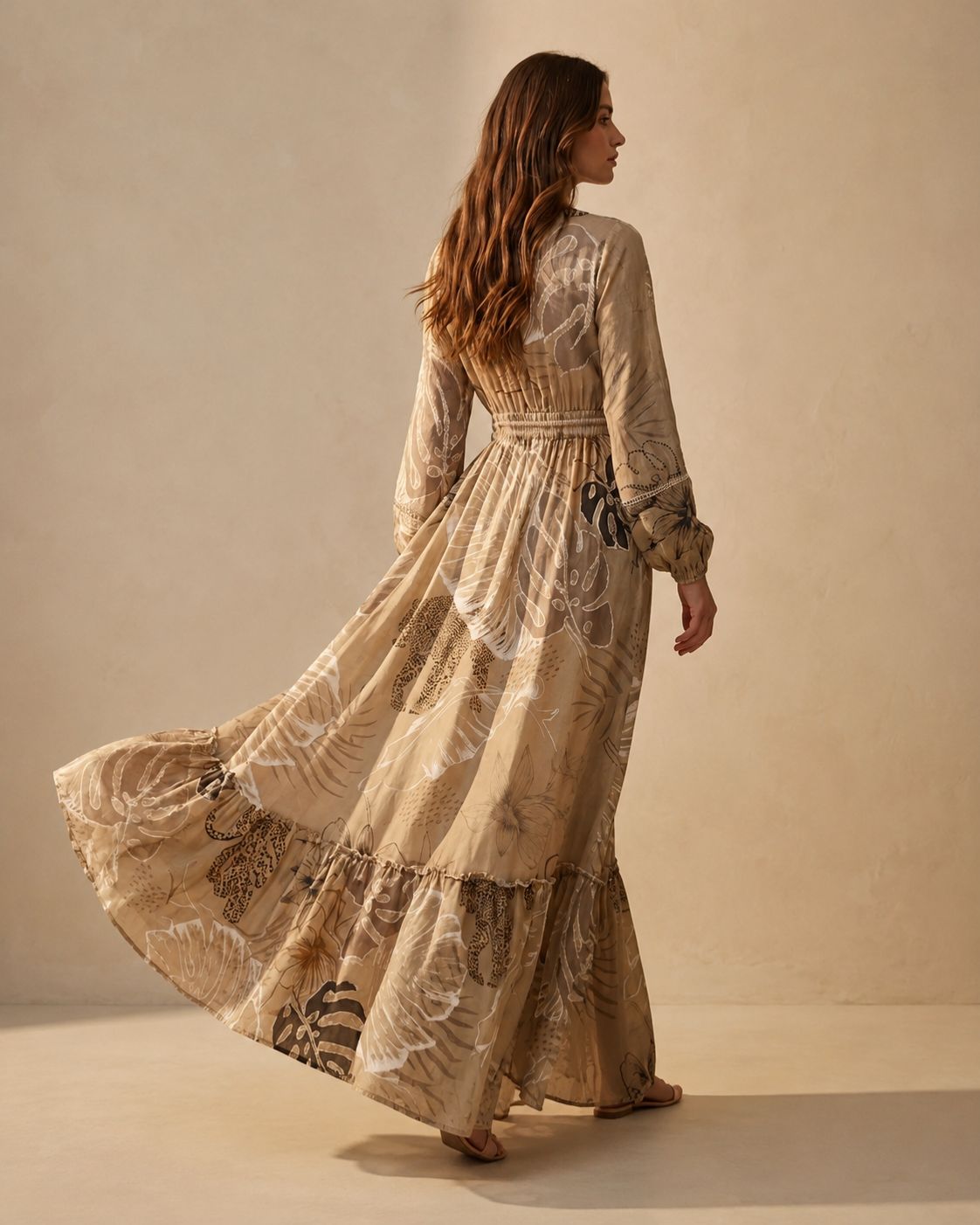 Sand Elegance – Boho Beige and Gold Long Dress | Natural Cotton