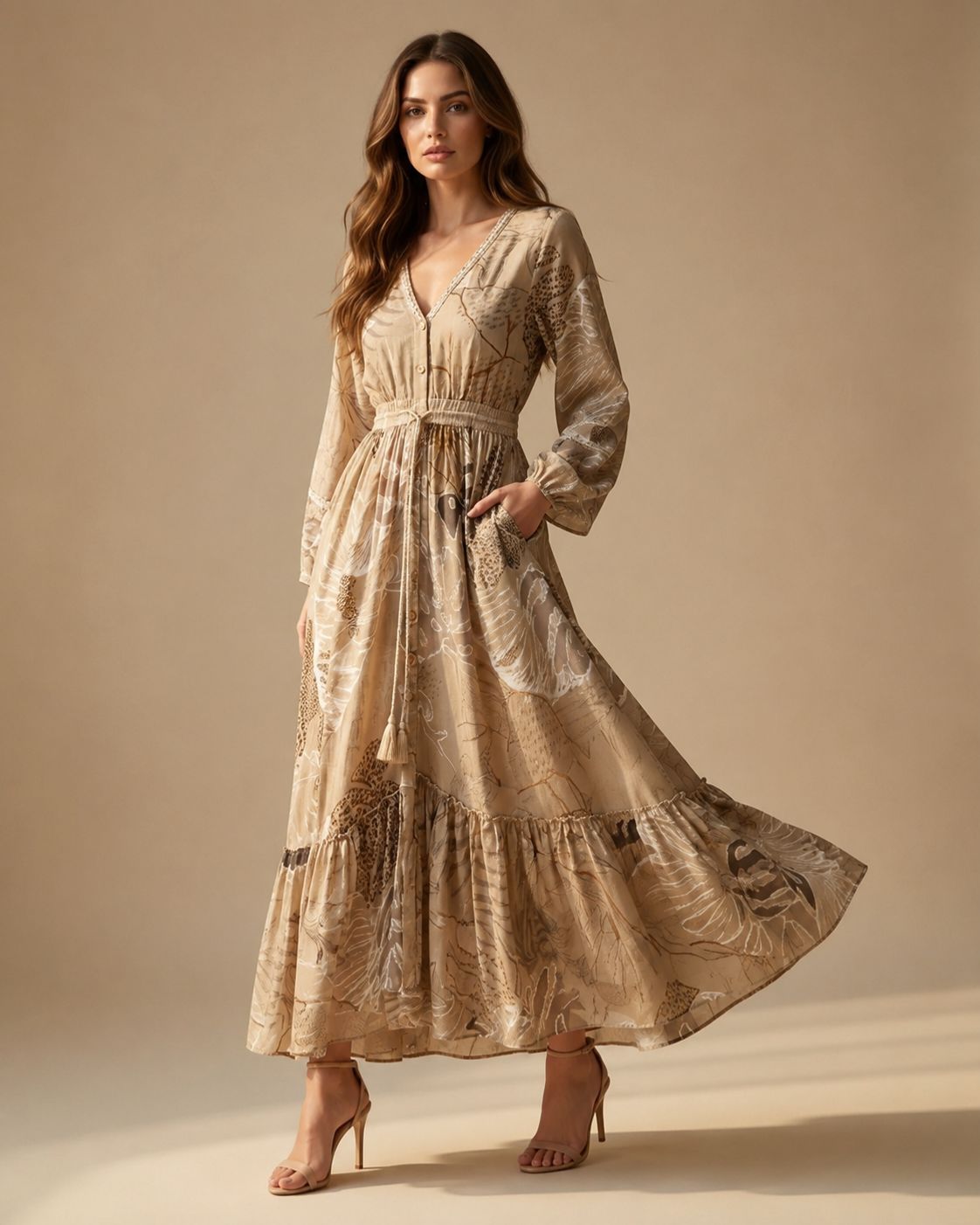 Sand Elegance – Boho Beige and Gold Long Dress | Natural Cotton