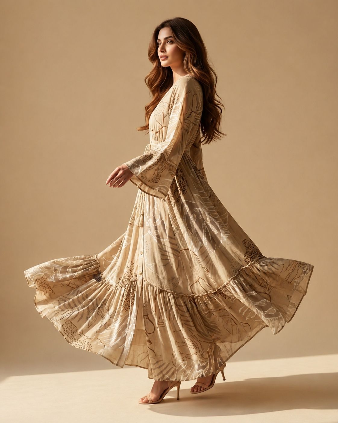 Sand Elegance – Boho Beige and Gold Long Dress | Natural Cotton