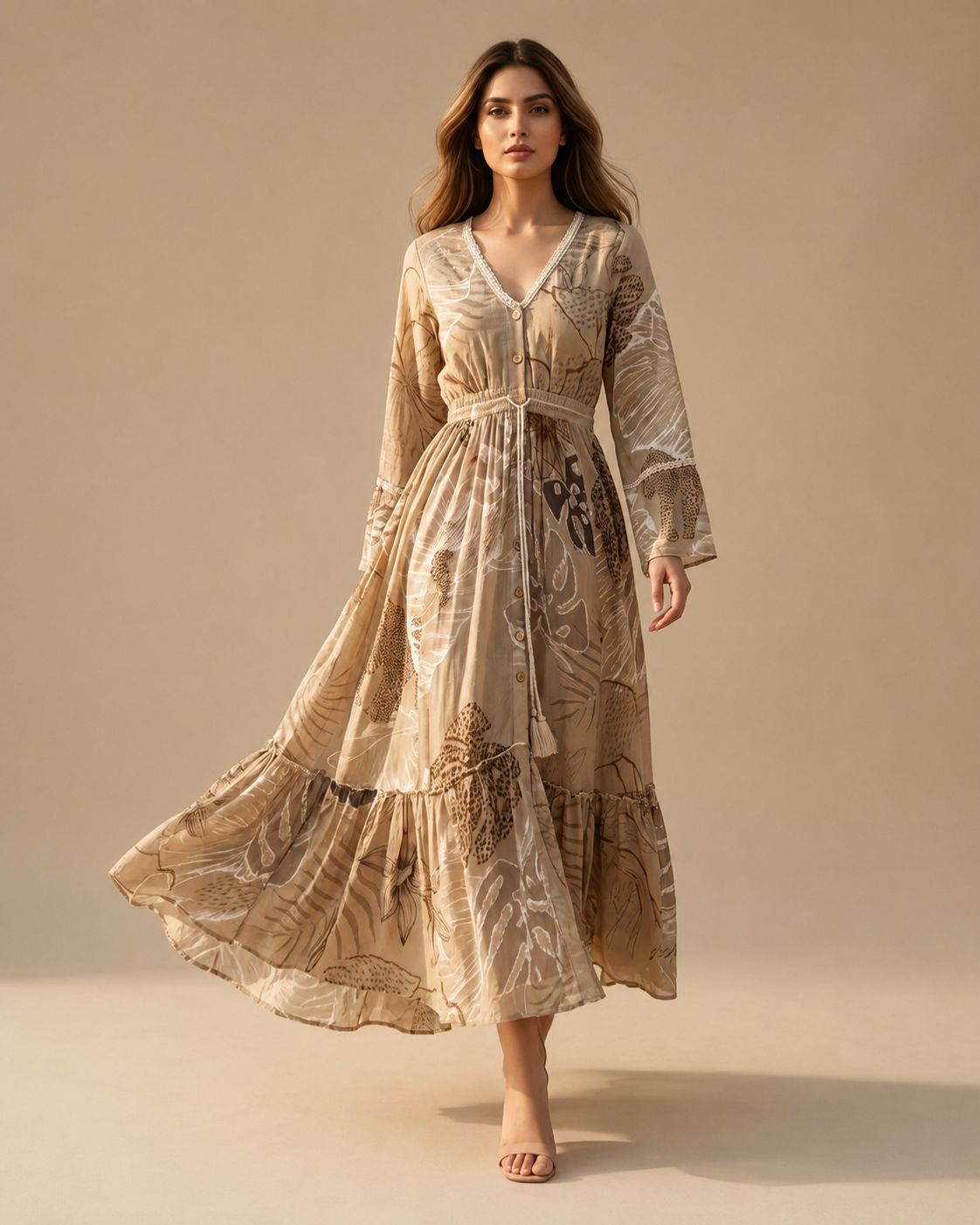 Sand Elegance – Boho Beige and Gold Long Dress | Natural Cotton