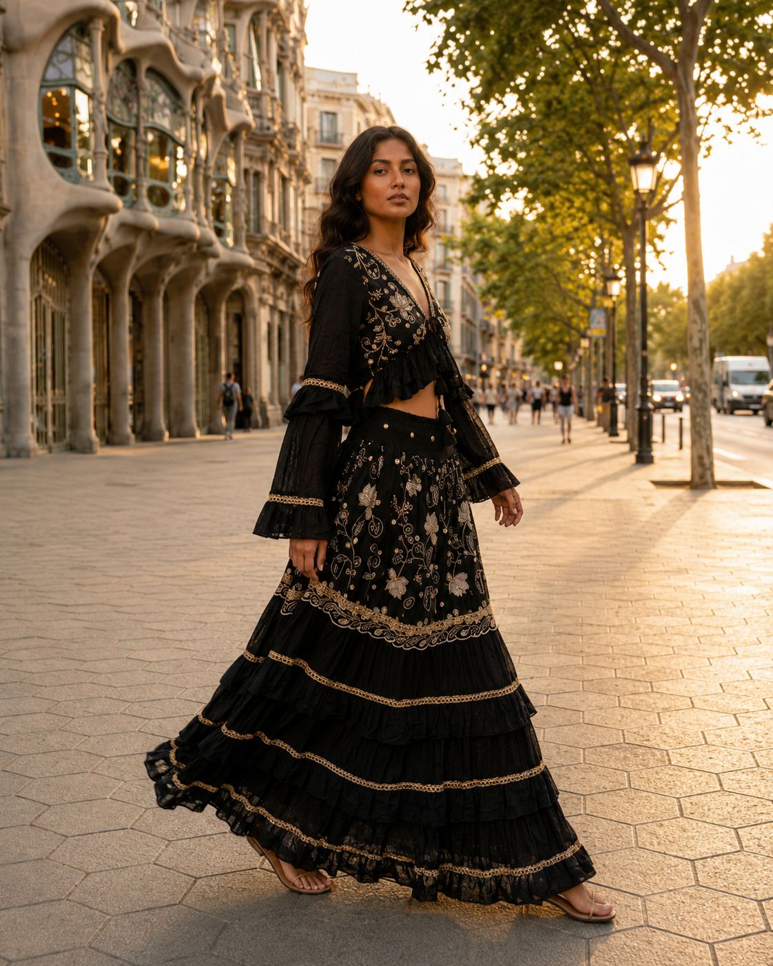 Aura Dorado – Two-Piece Boho Set with Gold Embroidery