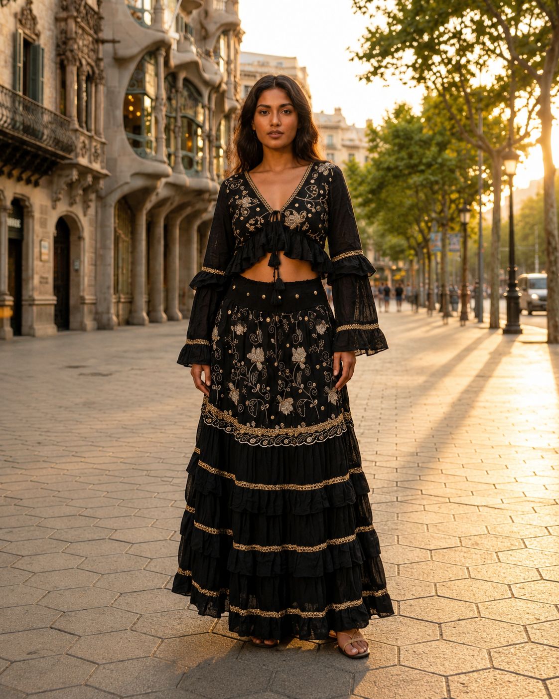 Aura Dorado – Two-Piece Boho Set with Gold Embroidery