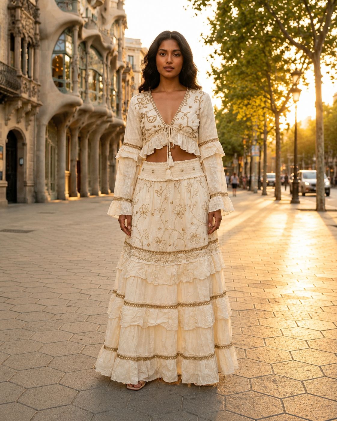 Aura Dorado – Two-Piece Boho Set with Gold Embroidery