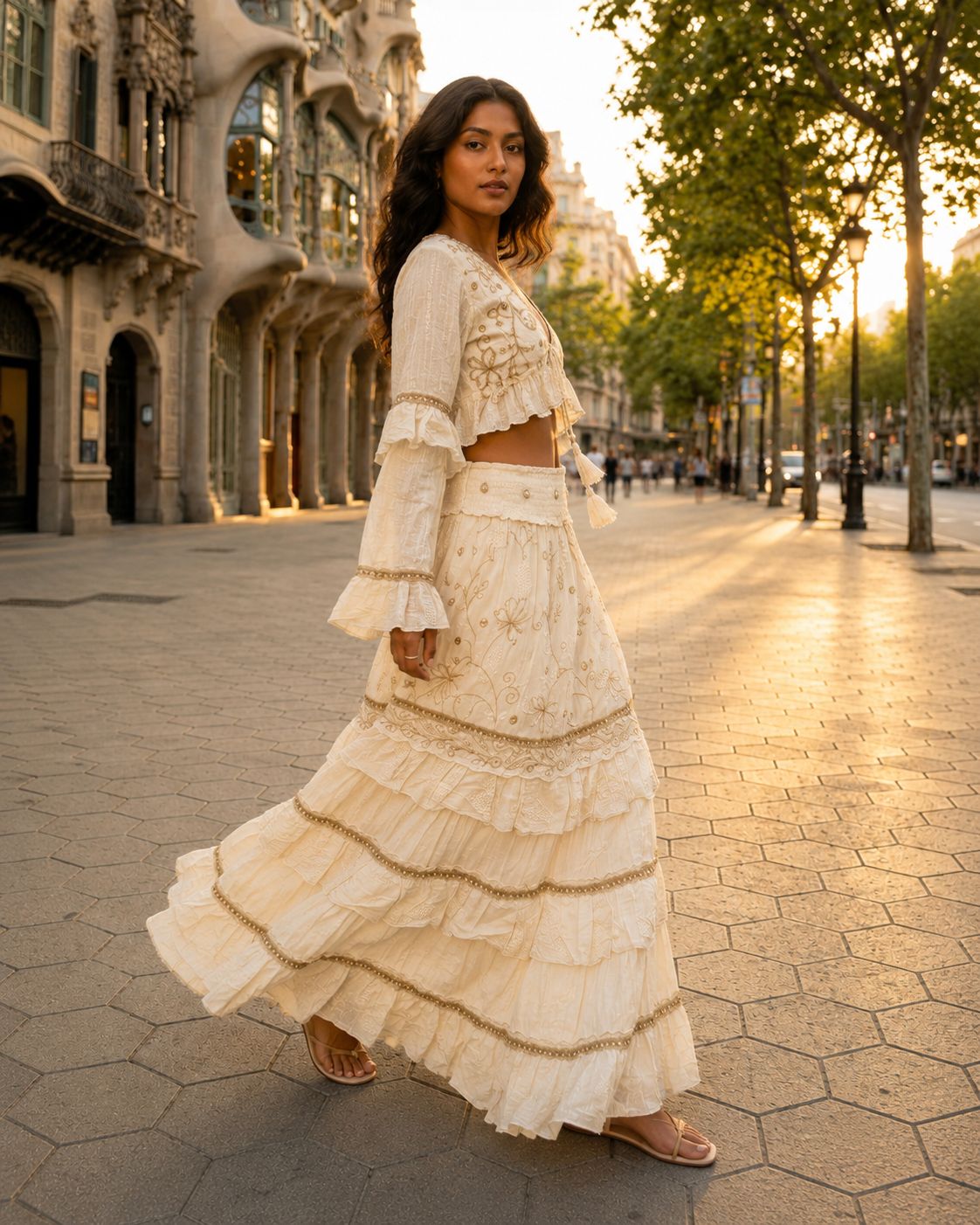 Aura Dorado – Two-Piece Boho Set with Gold Embroidery