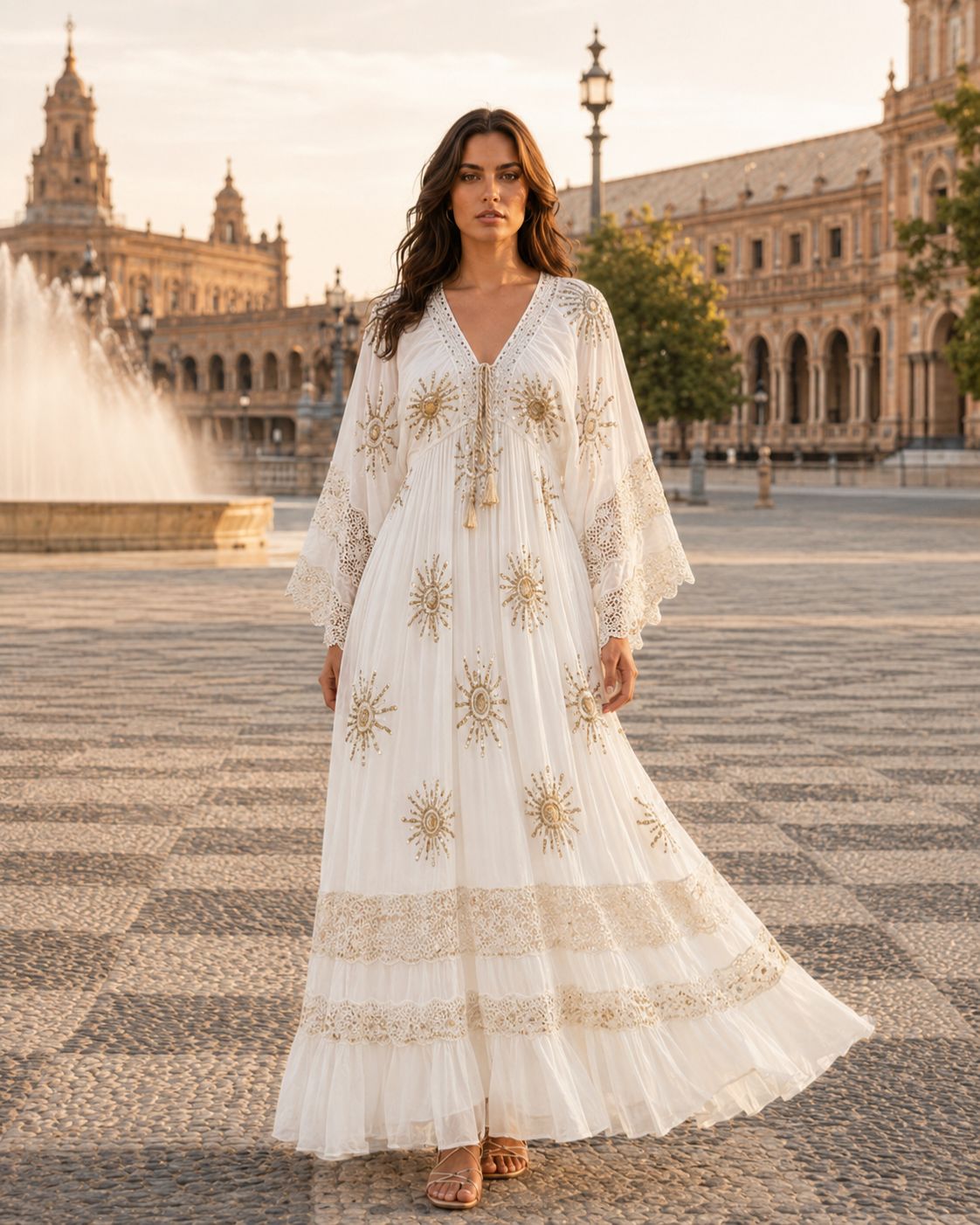 Luz de Marfil – Boho Maxi Dress with Gold Embroidery | Parties & Weddings