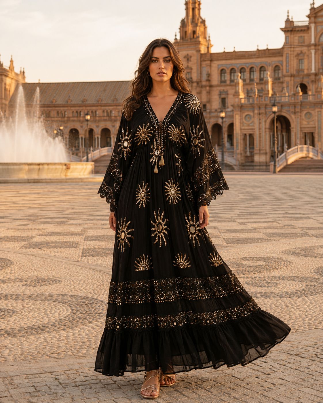 Luz de Marfil – Boho Maxi Dress with Gold Embroidery | Parties & Weddings