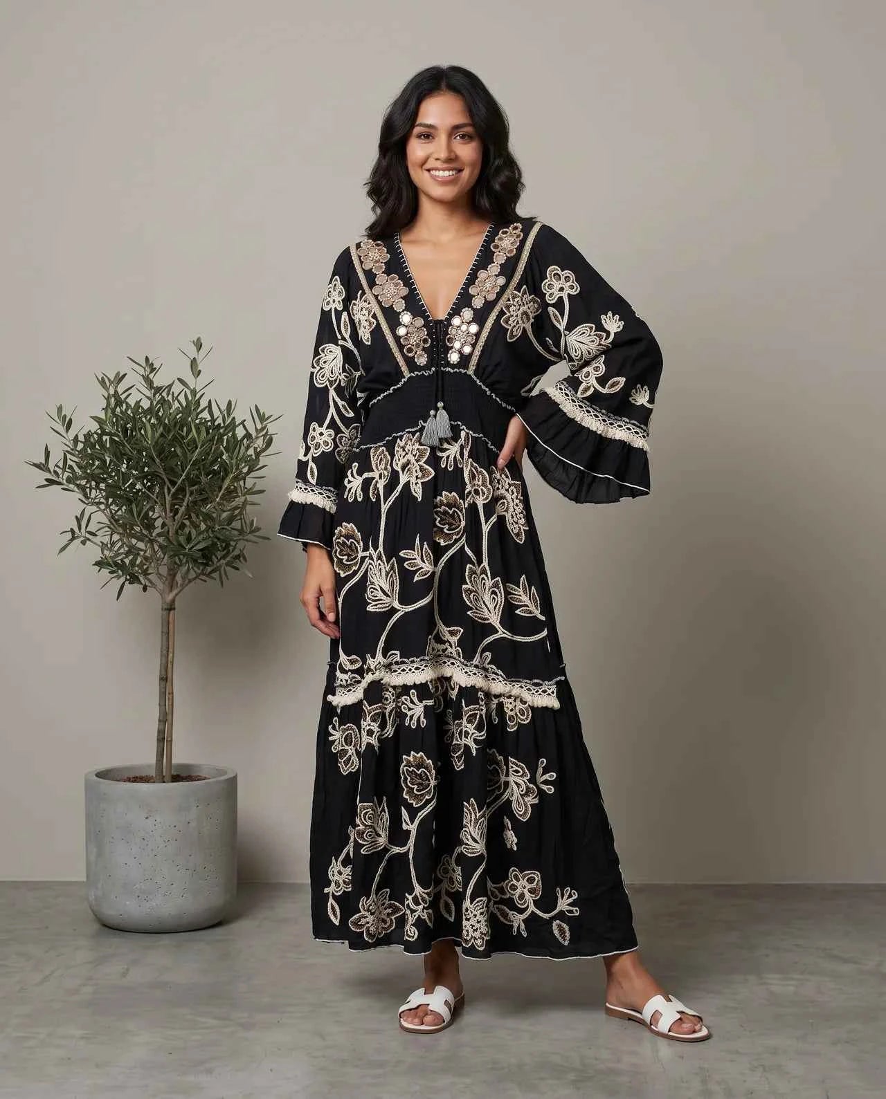 Alif — A Luxurious Viscose Dress, Handcrafted with Intricate Embroidery, Delicate Stones, Mirror Accents, Sequins & Crystal-Like Details