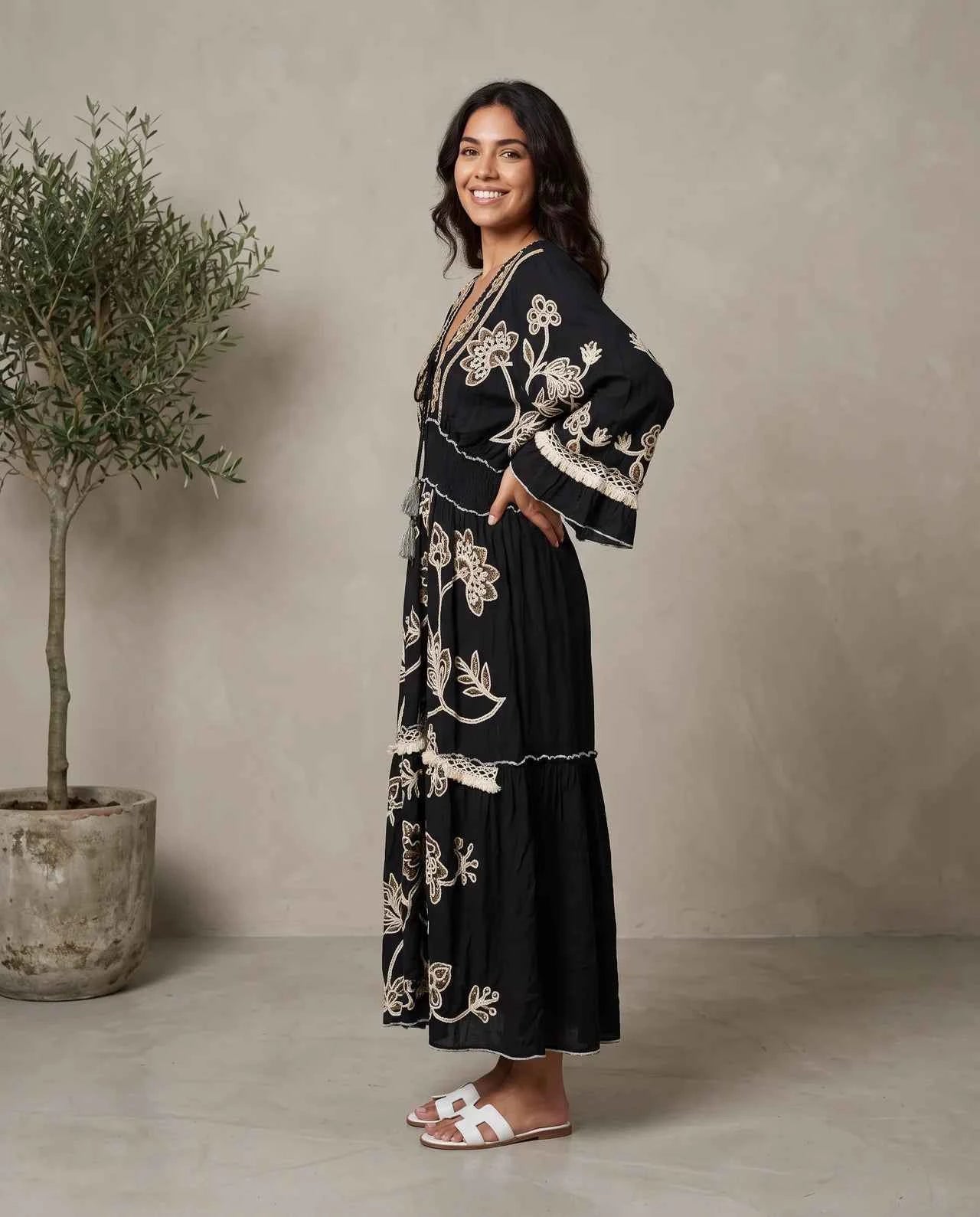 Alif — A Luxurious Viscose Dress, Handcrafted with Intricate Embroidery, Delicate Stones, Mirror Accents, Sequins & Crystal-Like Details