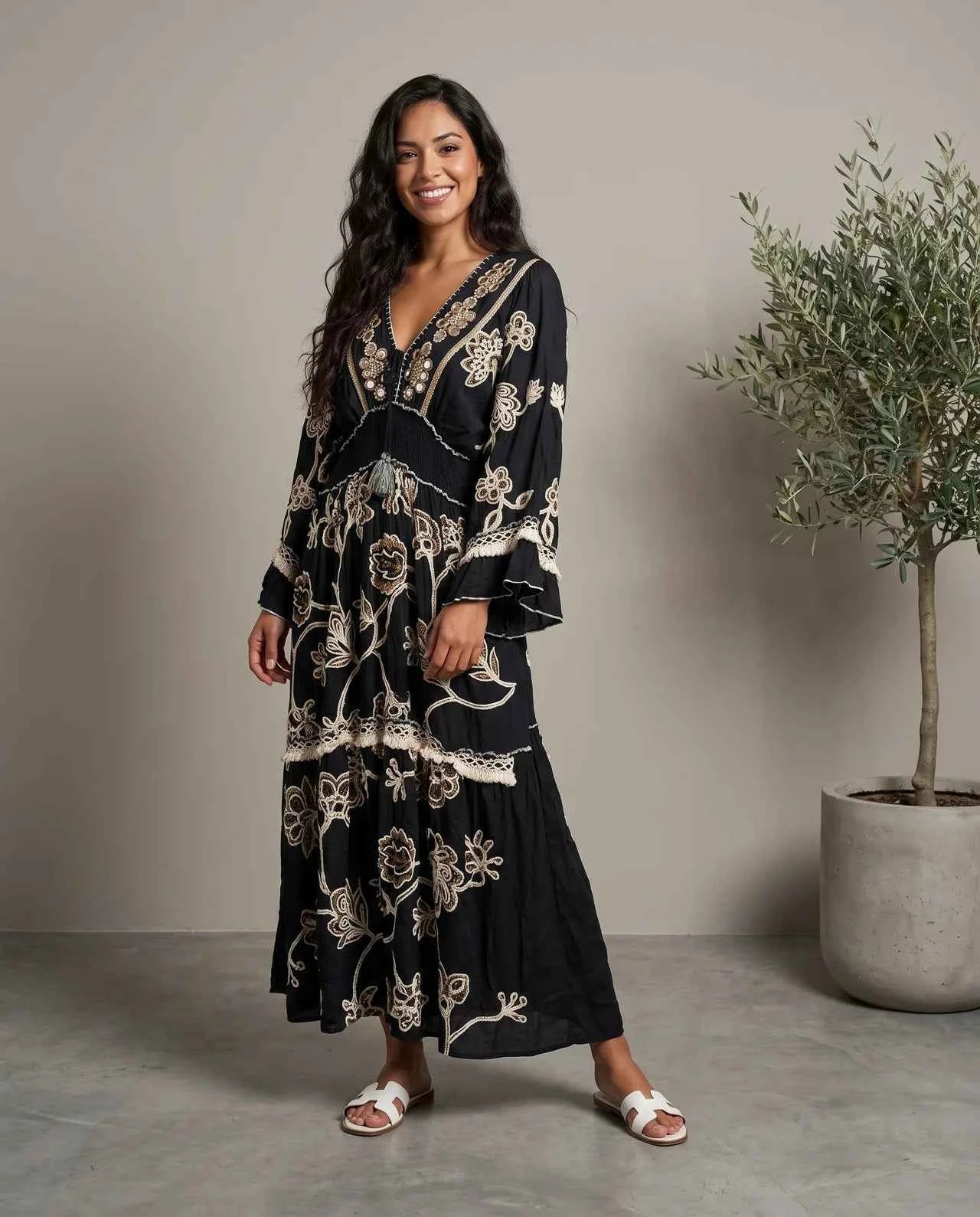 Alif — A Luxurious Viscose Dress, Handcrafted with Intricate Embroidery, Delicate Stones, Mirror Accents, Sequins & Crystal-Like Details