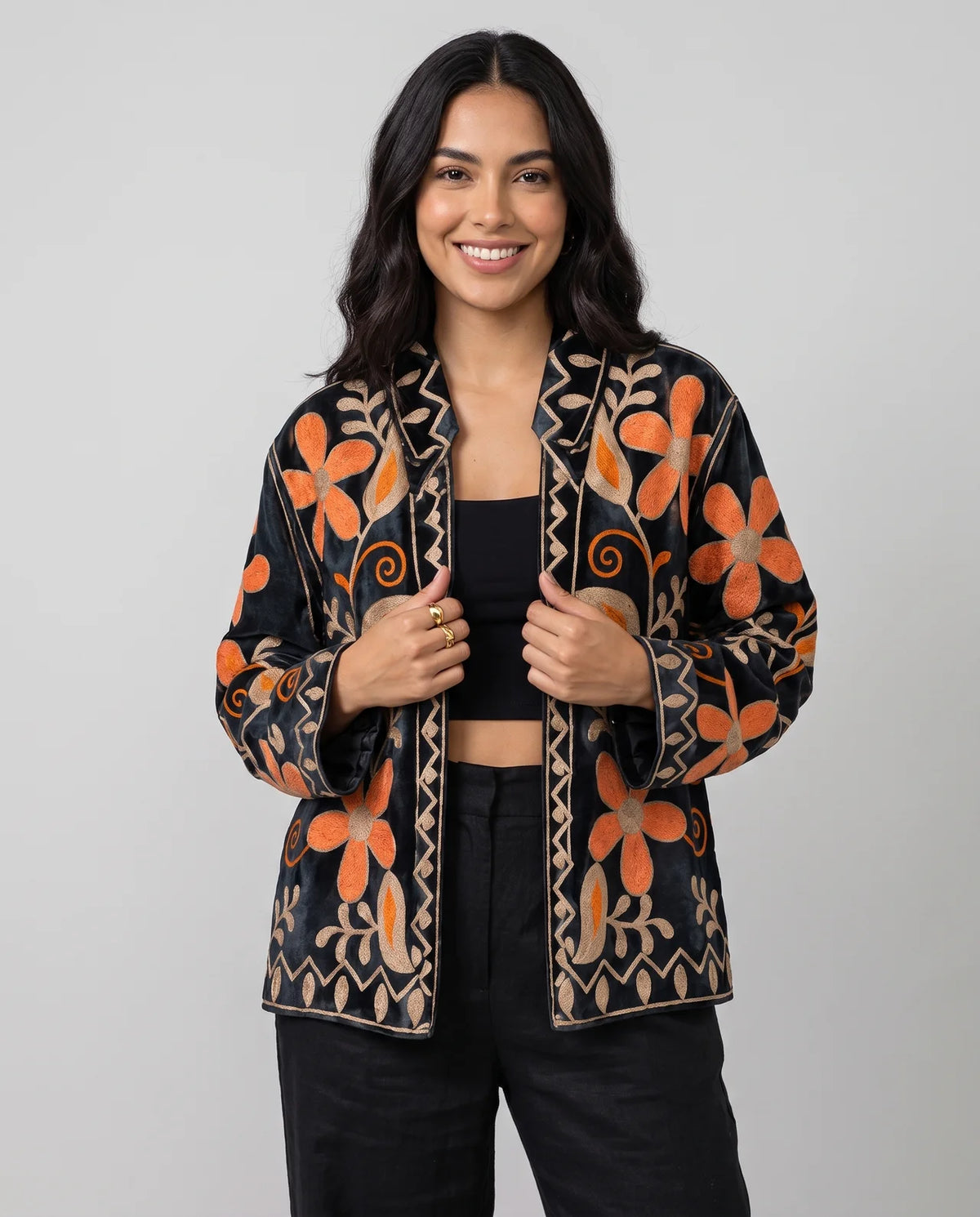 AMARA Hand-Embroidered Velvet & Cotton Jacket with Artisan Floral Details