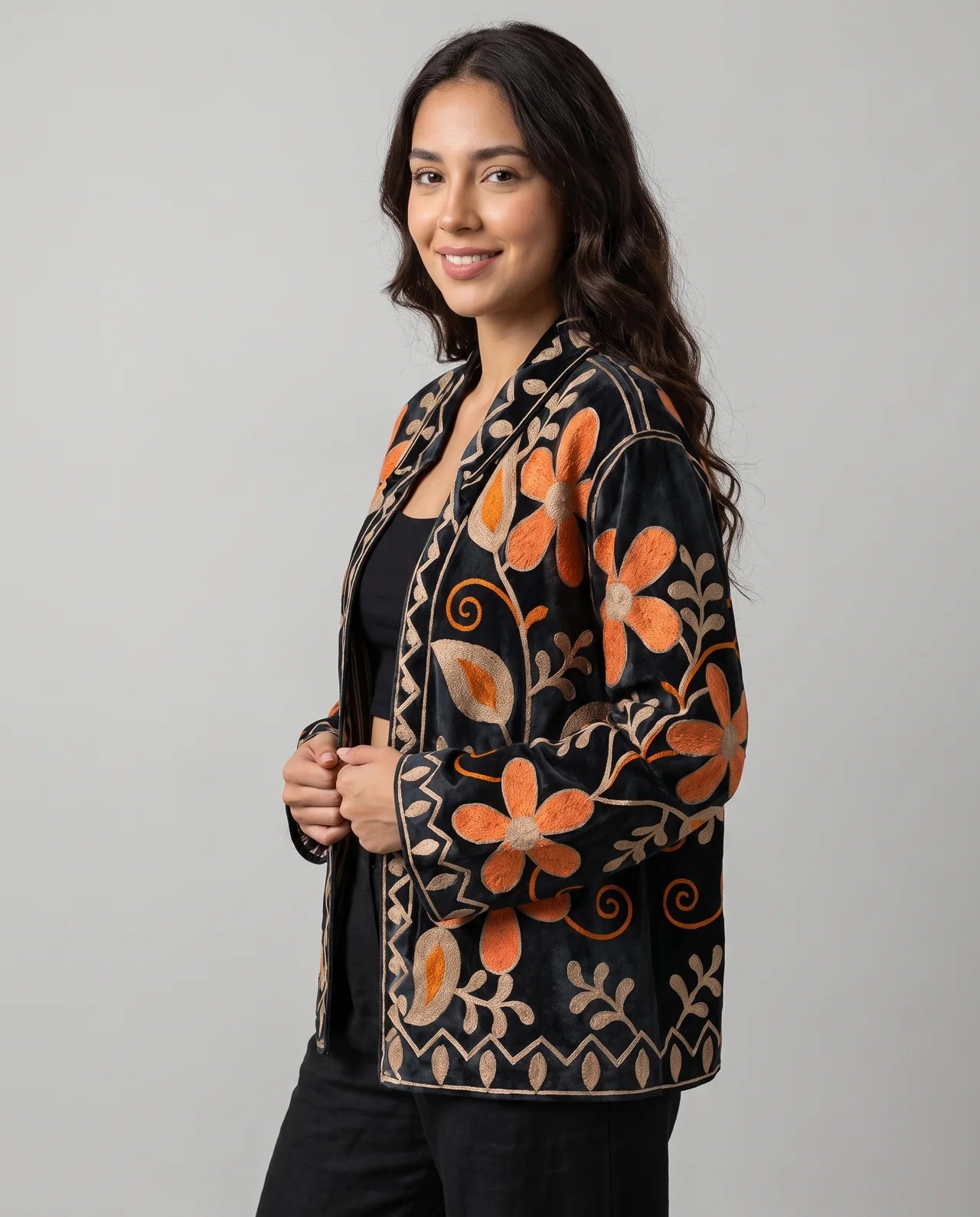 AMARA Hand-Embroidered Velvet & Cotton Jacket with Artisan Floral Details