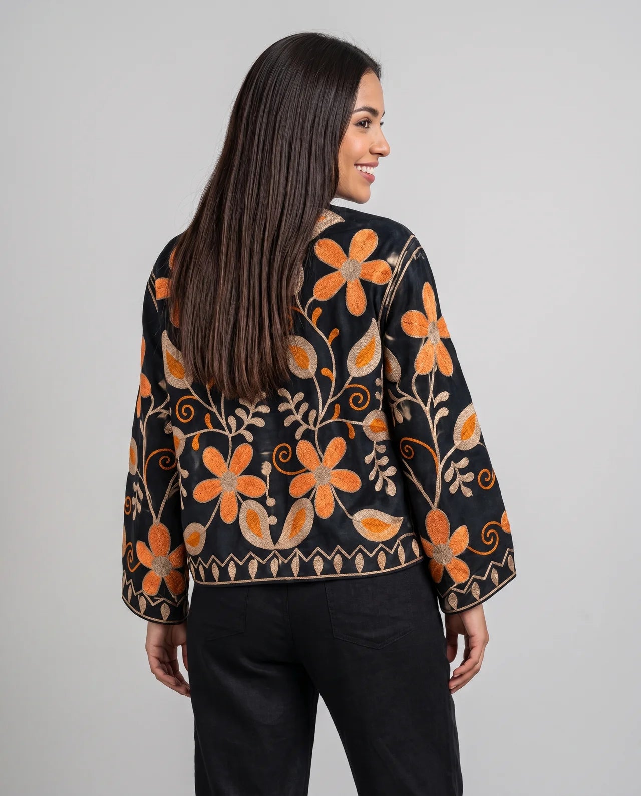 AMARA Hand-Embroidered Velvet & Cotton Jacket with Artisan Floral Details
