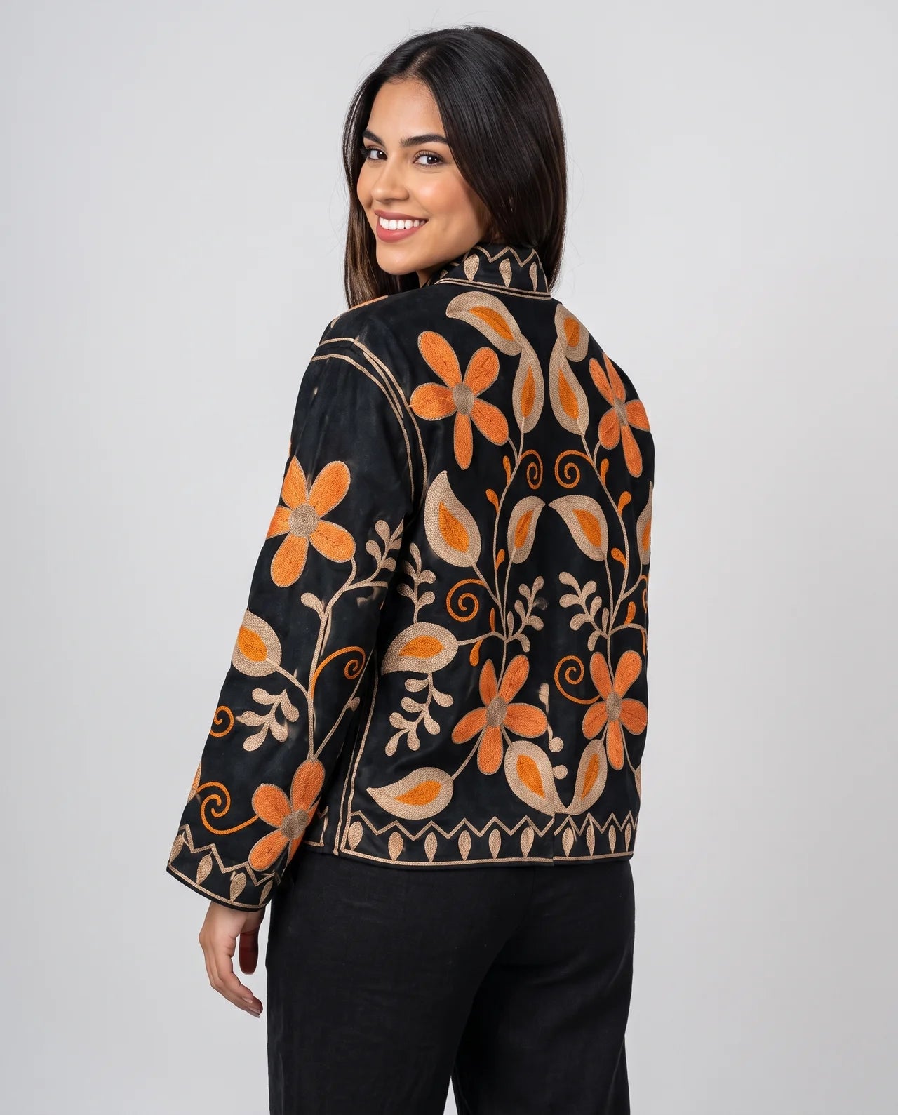 AMARA Hand-Embroidered Velvet & Cotton Jacket with Artisan Floral Details