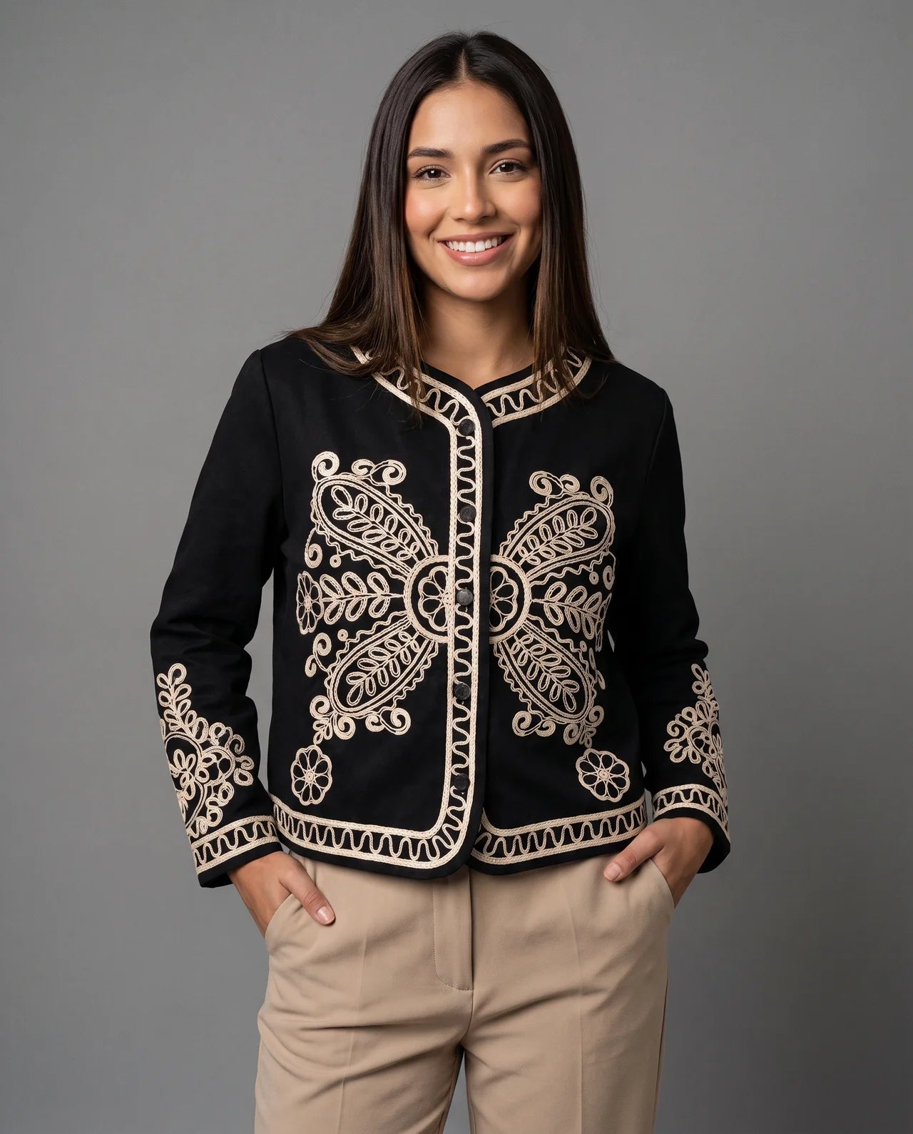 DANAE Handcrafted Paisley & Floral Embroidered Cotton Jacket