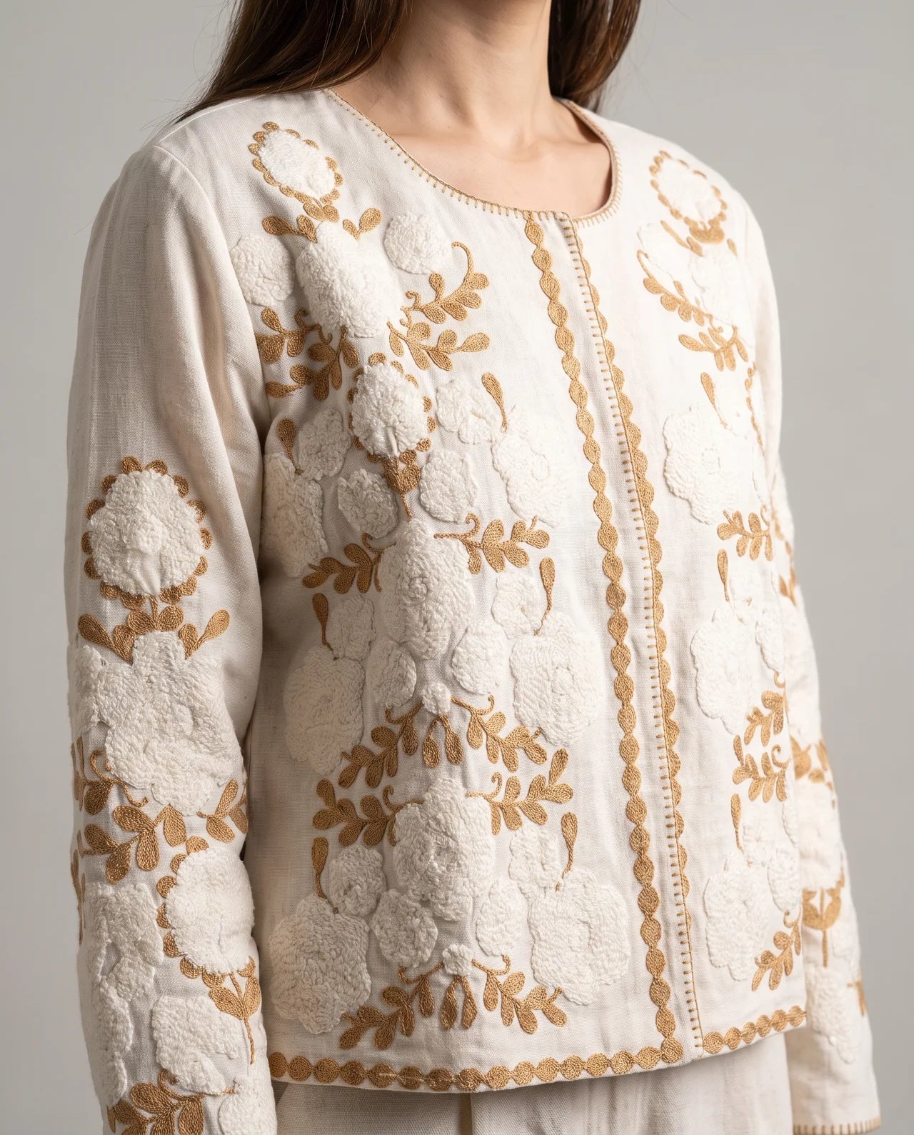 LÚA  Premium Cotton Jacket with Artisan Floral Embroidery in White & Blue or White & Beige