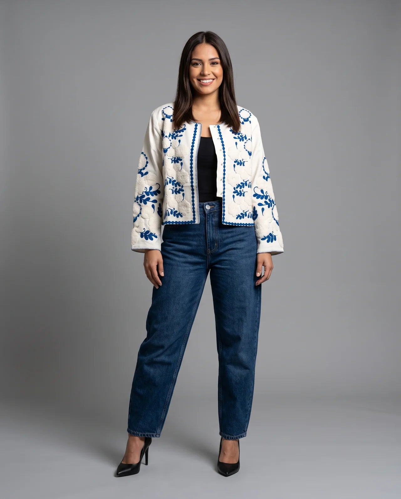 LÚA  Premium Cotton Jacket with Artisan Floral Embroidery in White & Blue or White & Beige