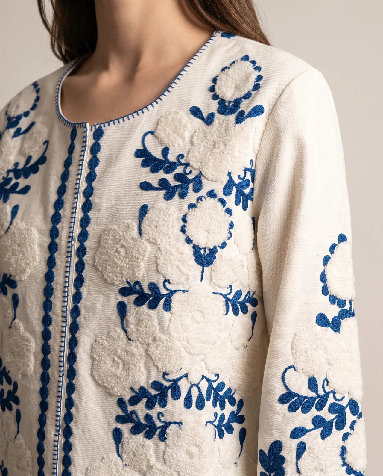 LÚA  Premium Cotton Jacket with Artisan Floral Embroidery in White & Blue or White & Beige