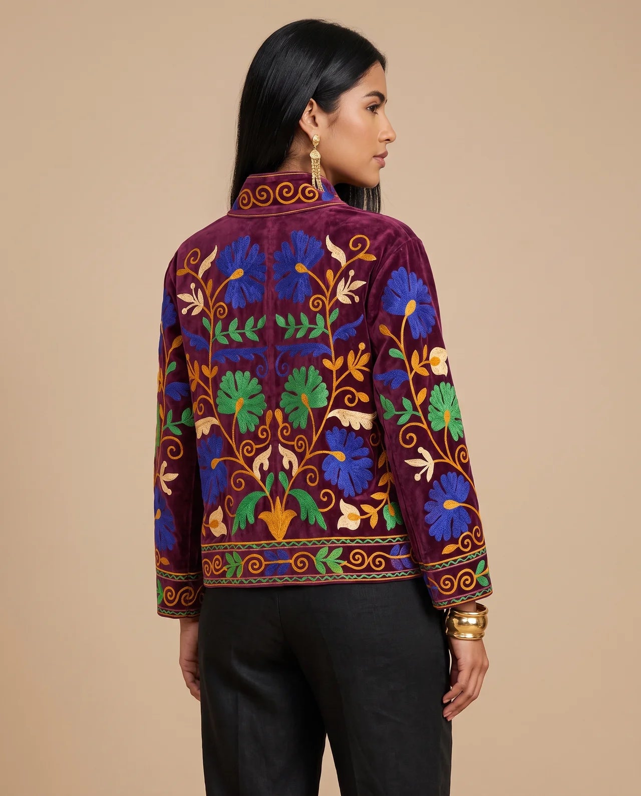 CAELIA  Ornate Floral Embroidered Velvet & Cotton Jacket