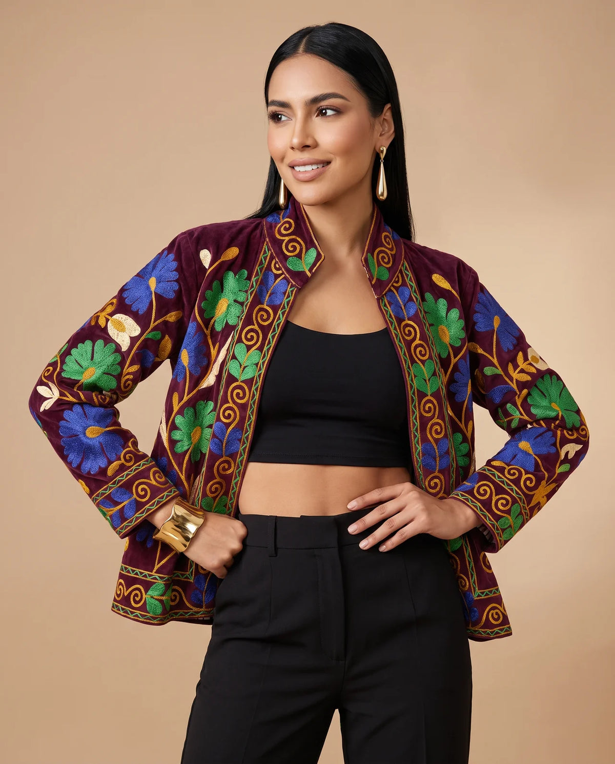 CAELIA  Ornate Floral Embroidered Velvet & Cotton Jacket